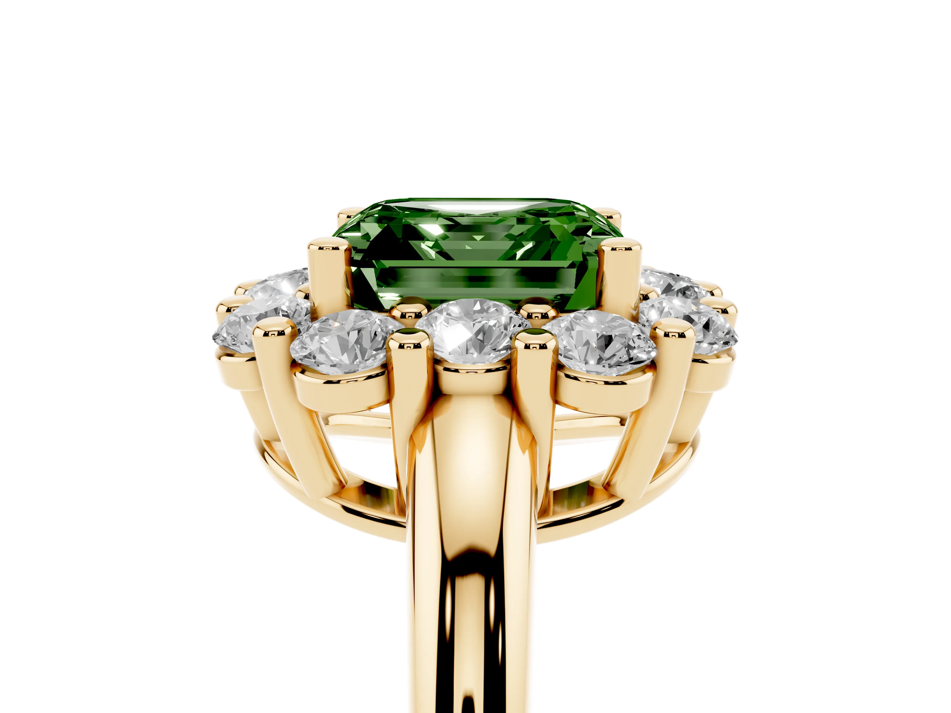 Fancy Green Asscher Cut Diamond Halo Cluster Engagement Ring Set in Yellow gold with Polished Band and Prong Setting
