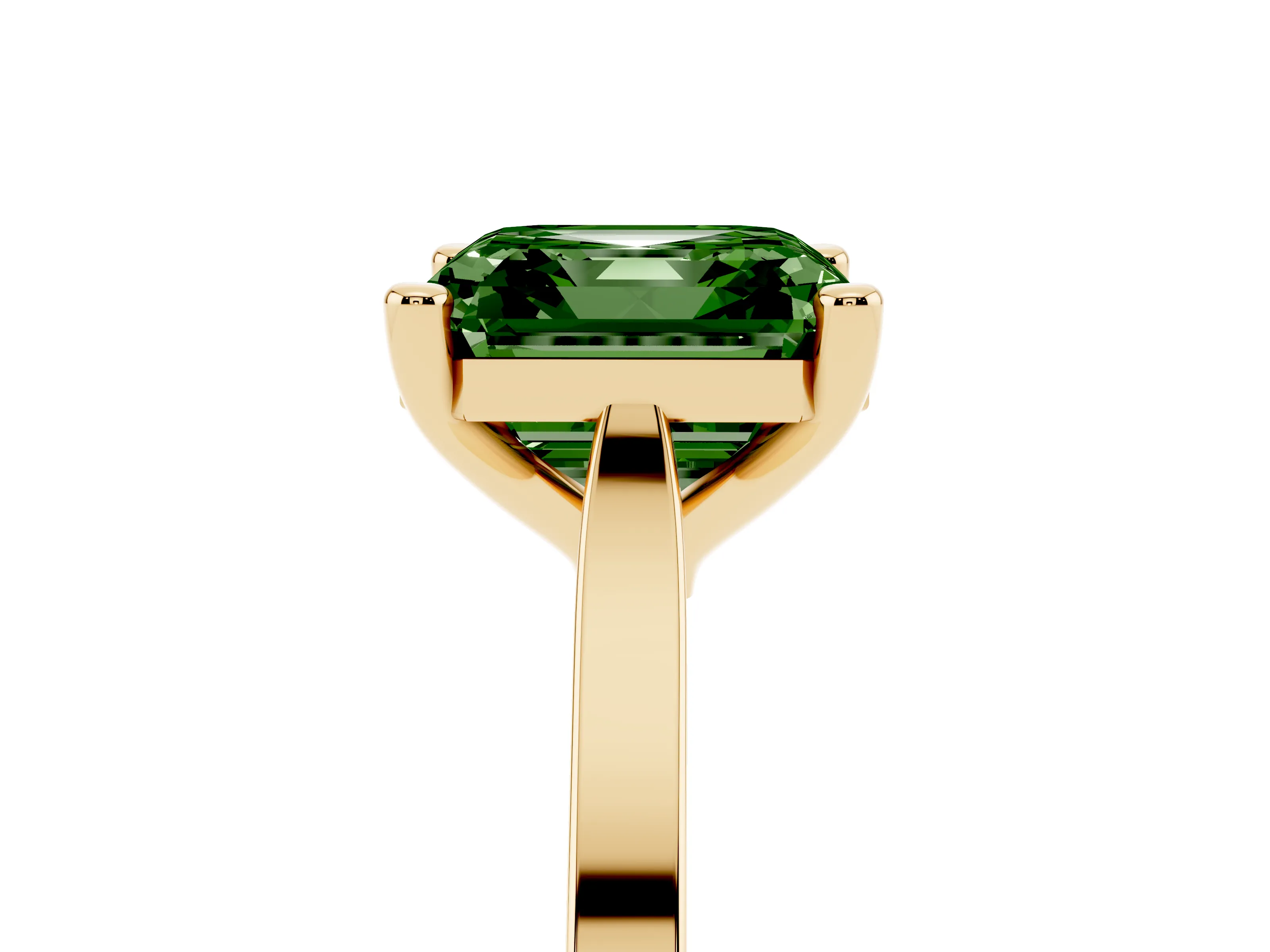 Fancy Green Asscher Cut Diamond Solitaire Ring Set in Yellow gold with Prong Setting and Tapered Band
