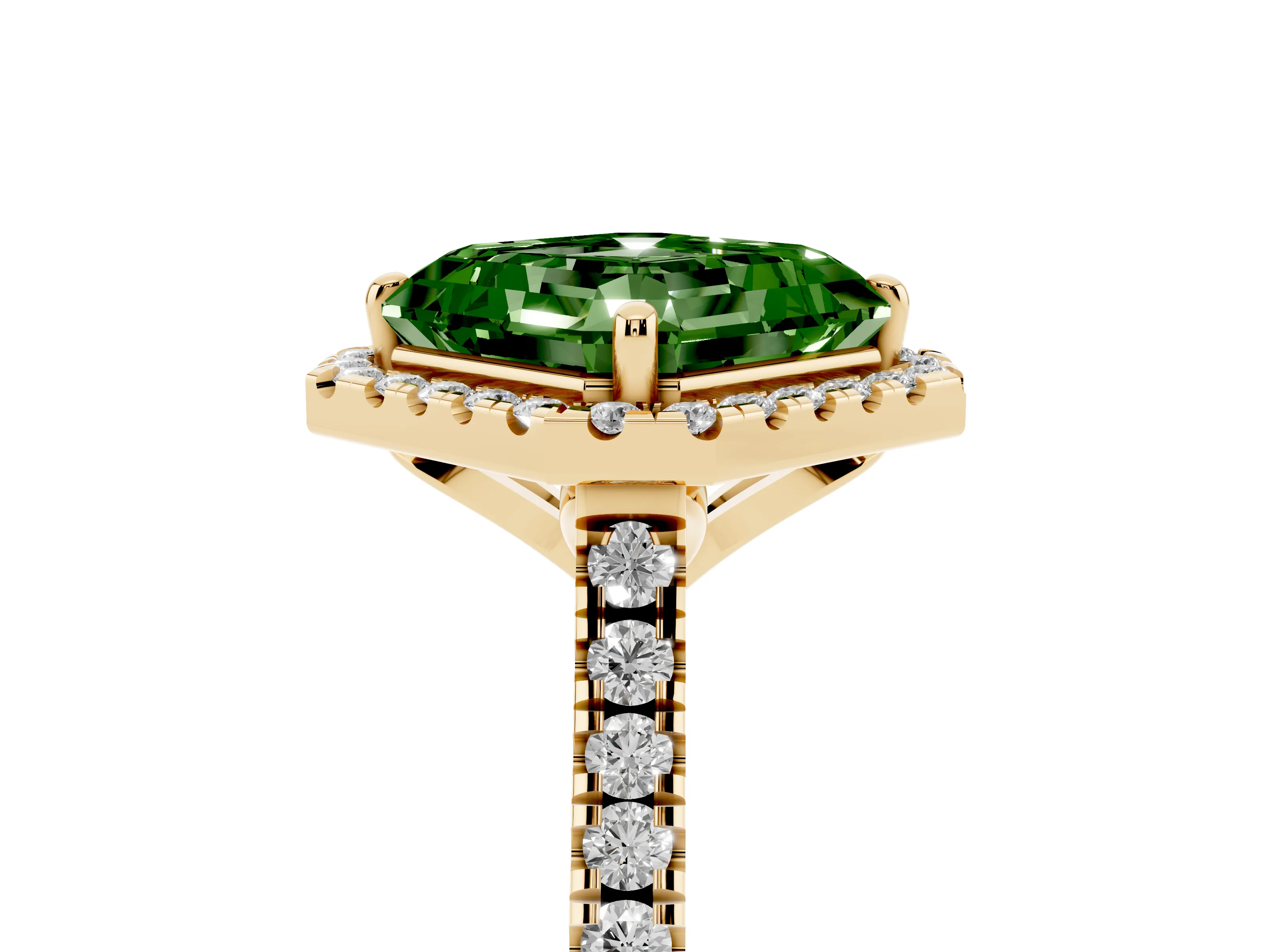 Fancy Green Asscher Cut Diamond Cushion Halo Ring Set in Yellow gold with Pavé Band