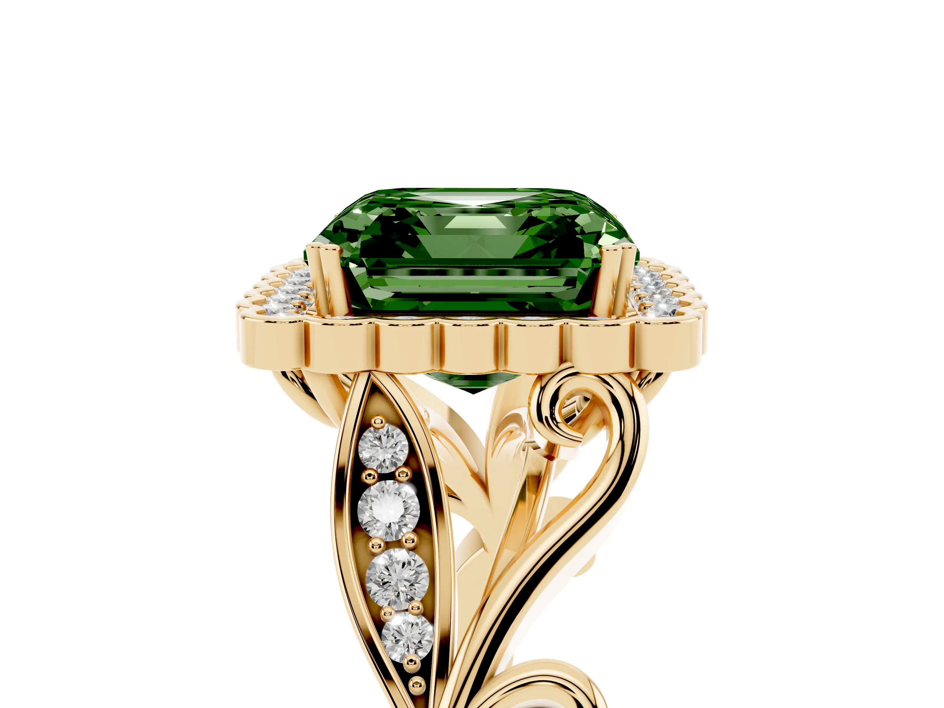Fancy Green Asscher Cut Diamond Halo Ring Set in Yellow gold with Leaf Motif Split Shank and Prong Setting
