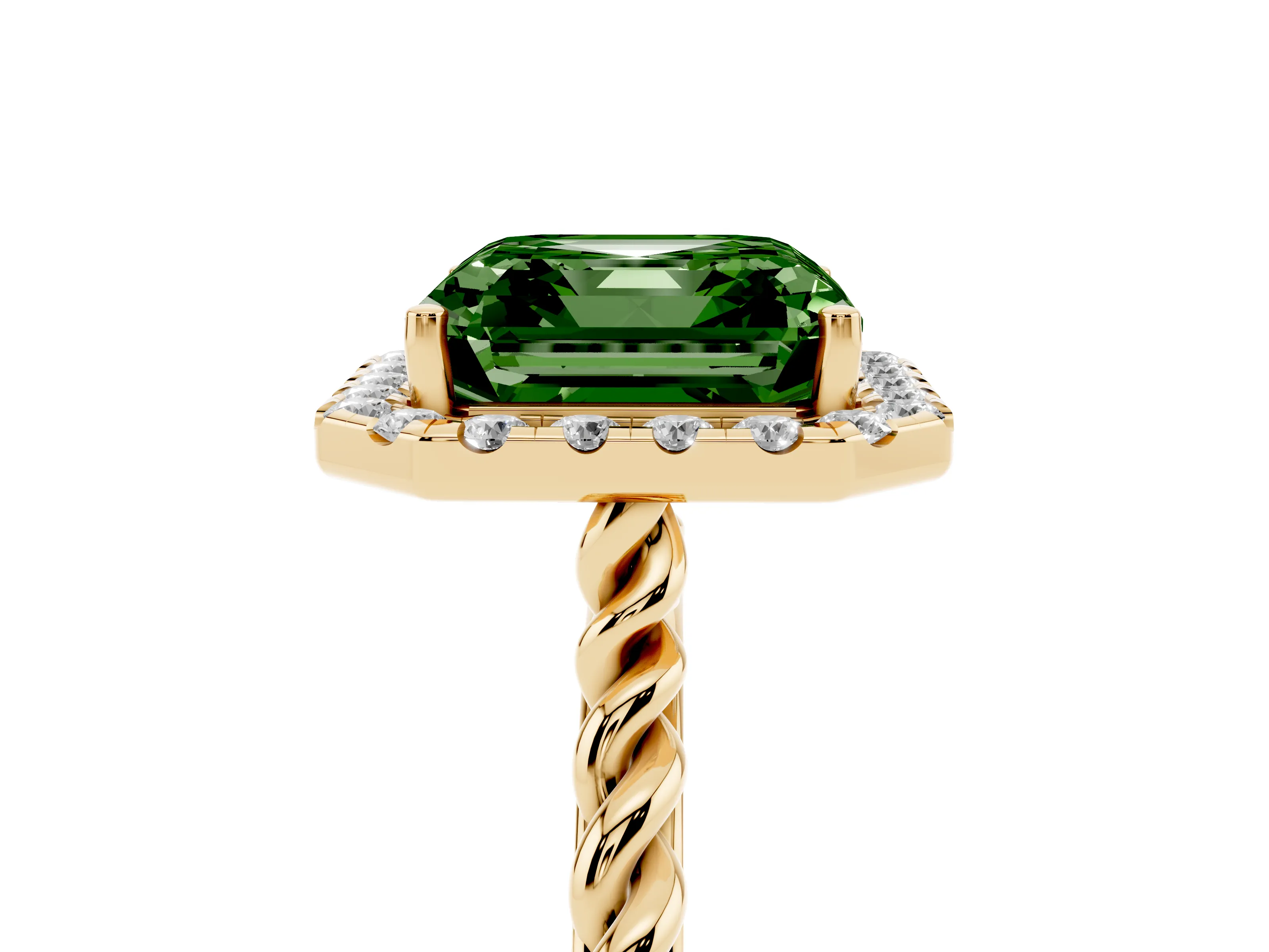 Fancy Green Asscher Cut Diamond Halo Ring Set in Yellow gold with Plain Twisted Band