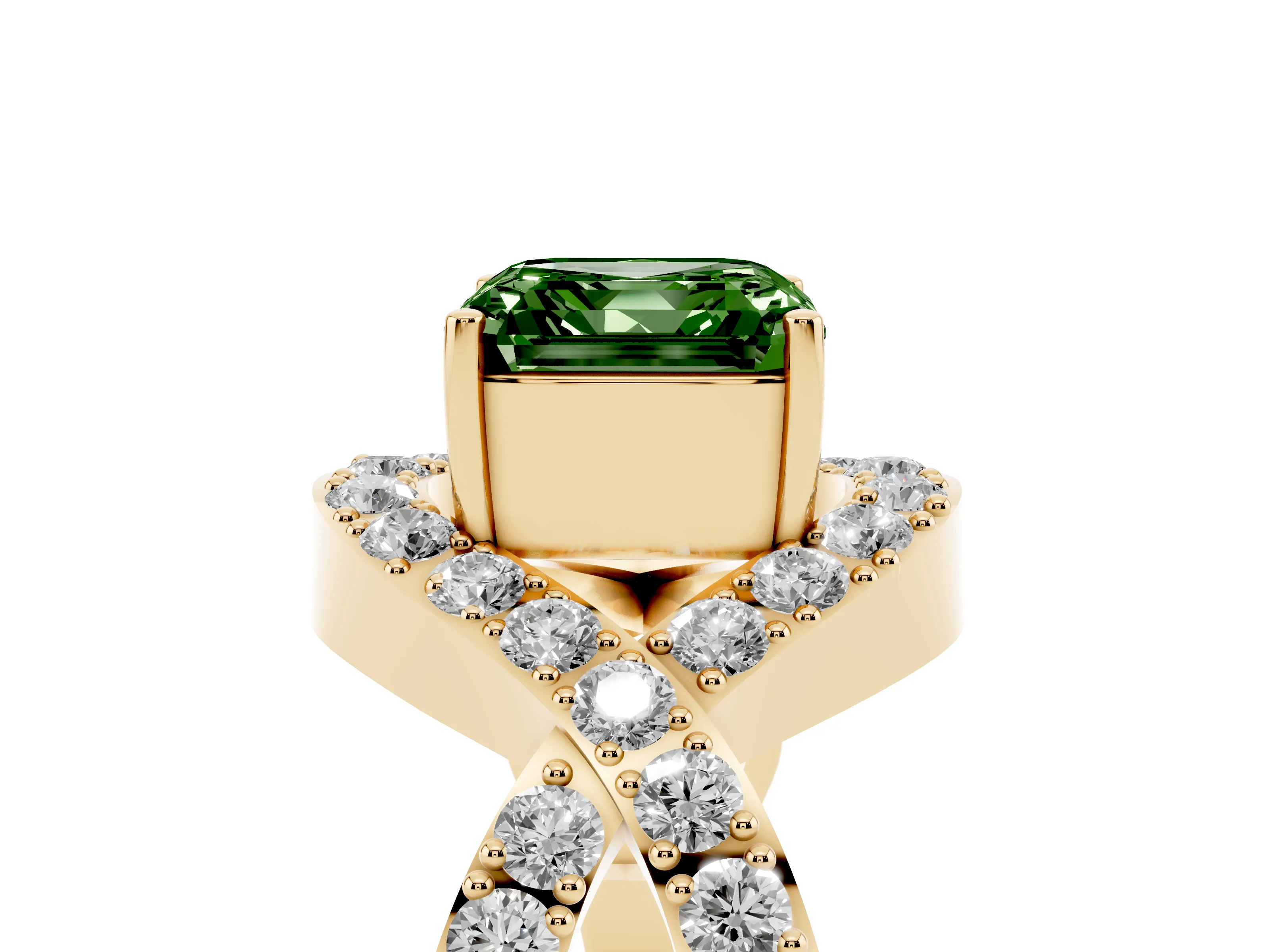Fancy Green Asscher Cut Diamond Solitaire Twist Band Pavé Engagement Ring Set in Yellow gold