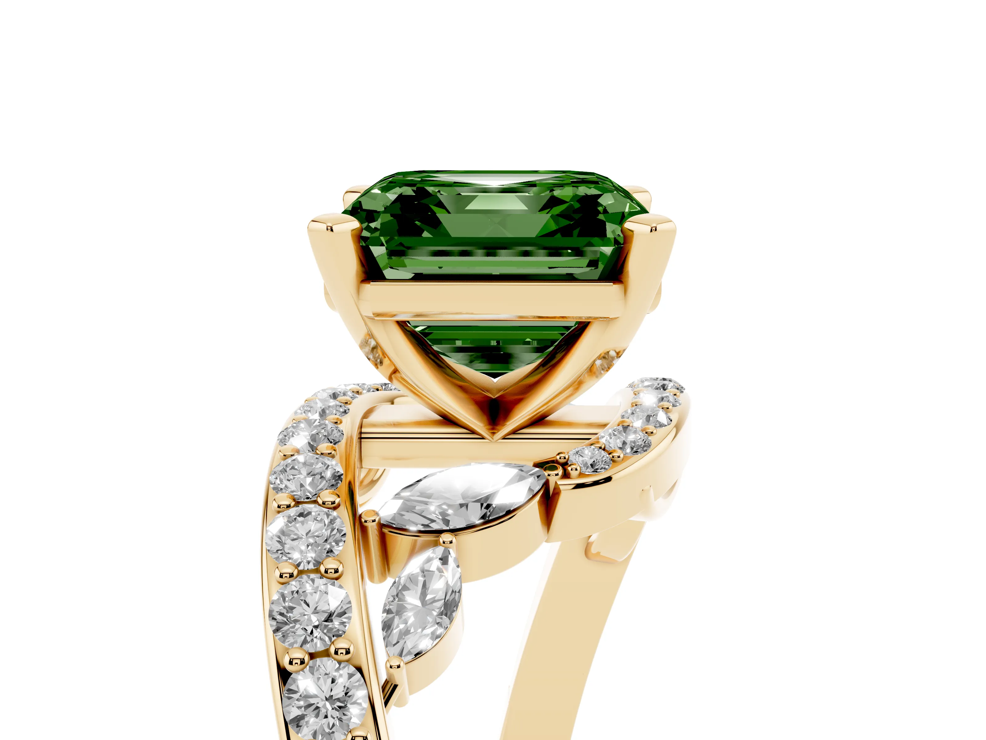 Fancy Green Asscher Cut Diamond Solitaire Ring Set in Yellow gold with Pavé Twist Band and Secure Prong Setting