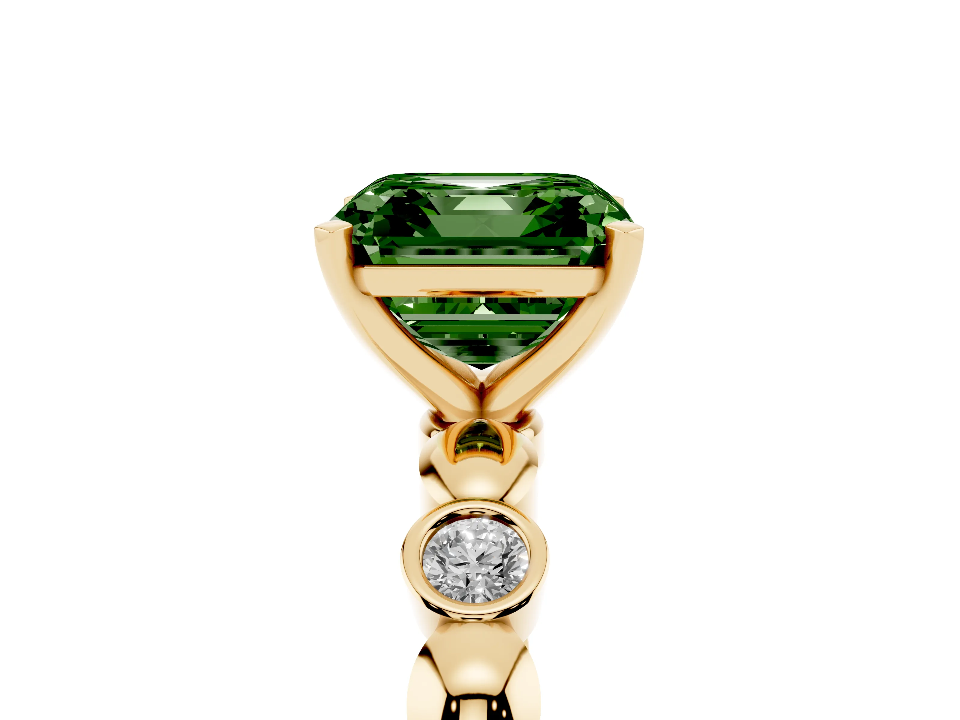 Fancy Green Asscher Cut Diamond Solitaire Ring Set in Yellow gold with Bezel-Set Accents on Beaded Band and Prong Setting