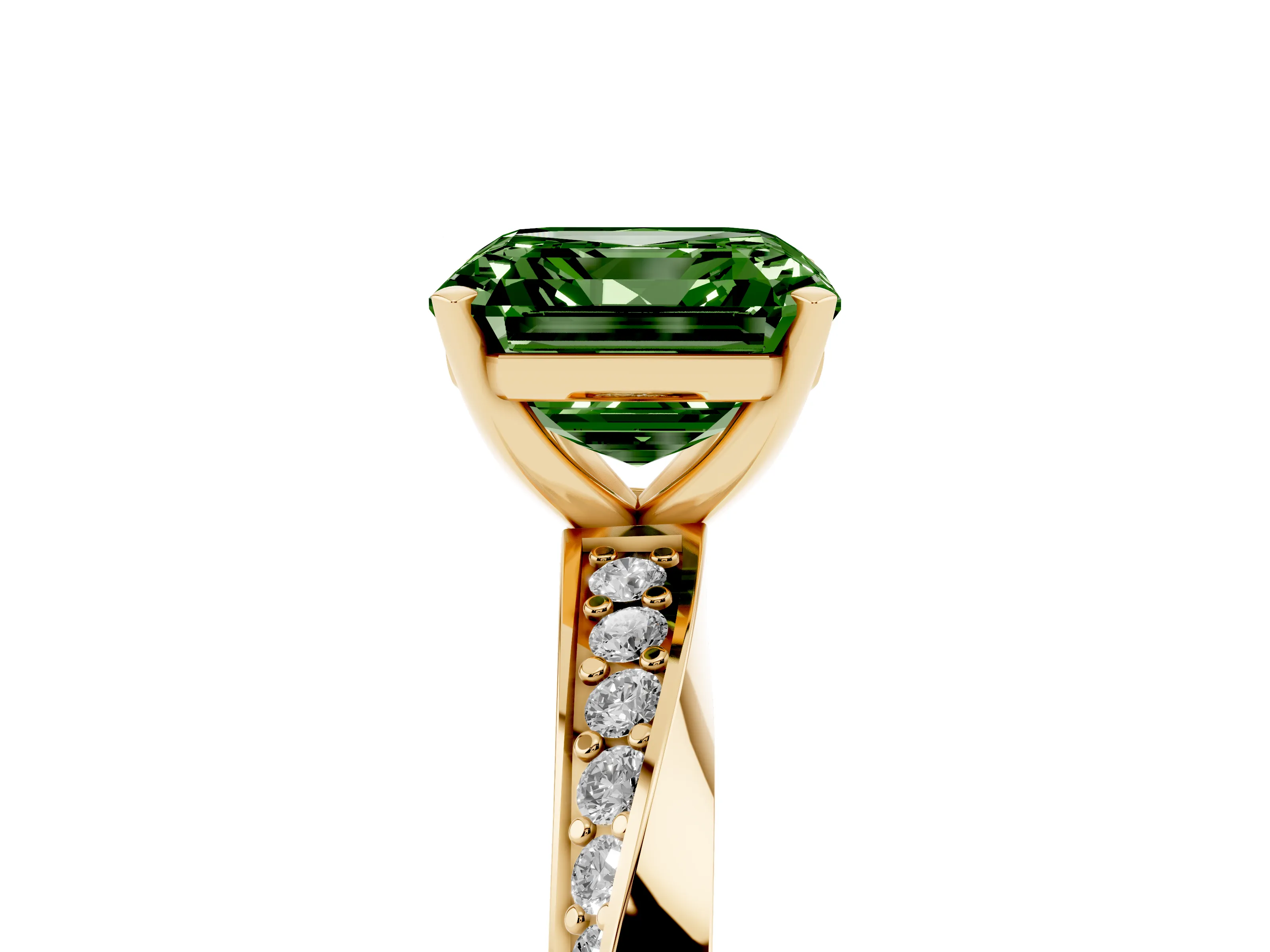 Fancy Green Asscher Cut Diamond Engagement Ring Set in Yellow gold with Side Stone Accents and Prong Setting