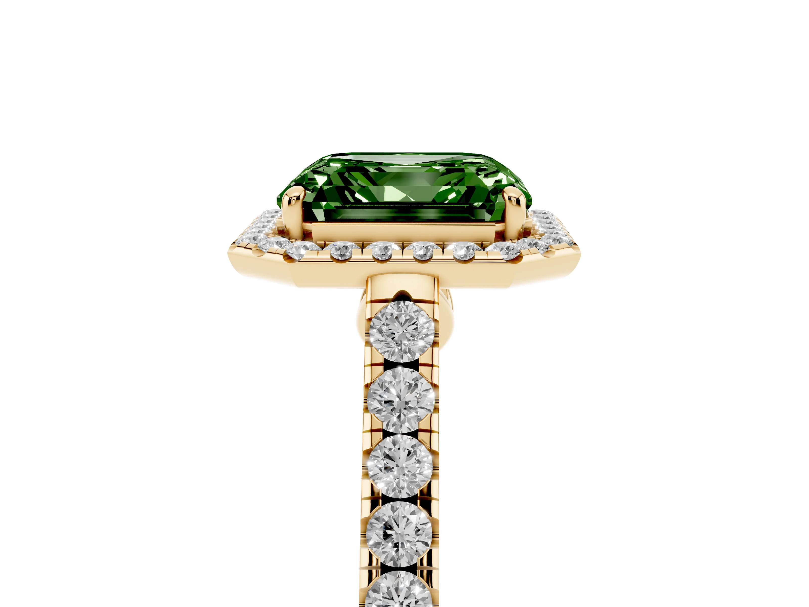 Fancy Green Asscher Cut Diamond Halo Pavé Engagement Ring Set in Yellow gold with Prong Setting