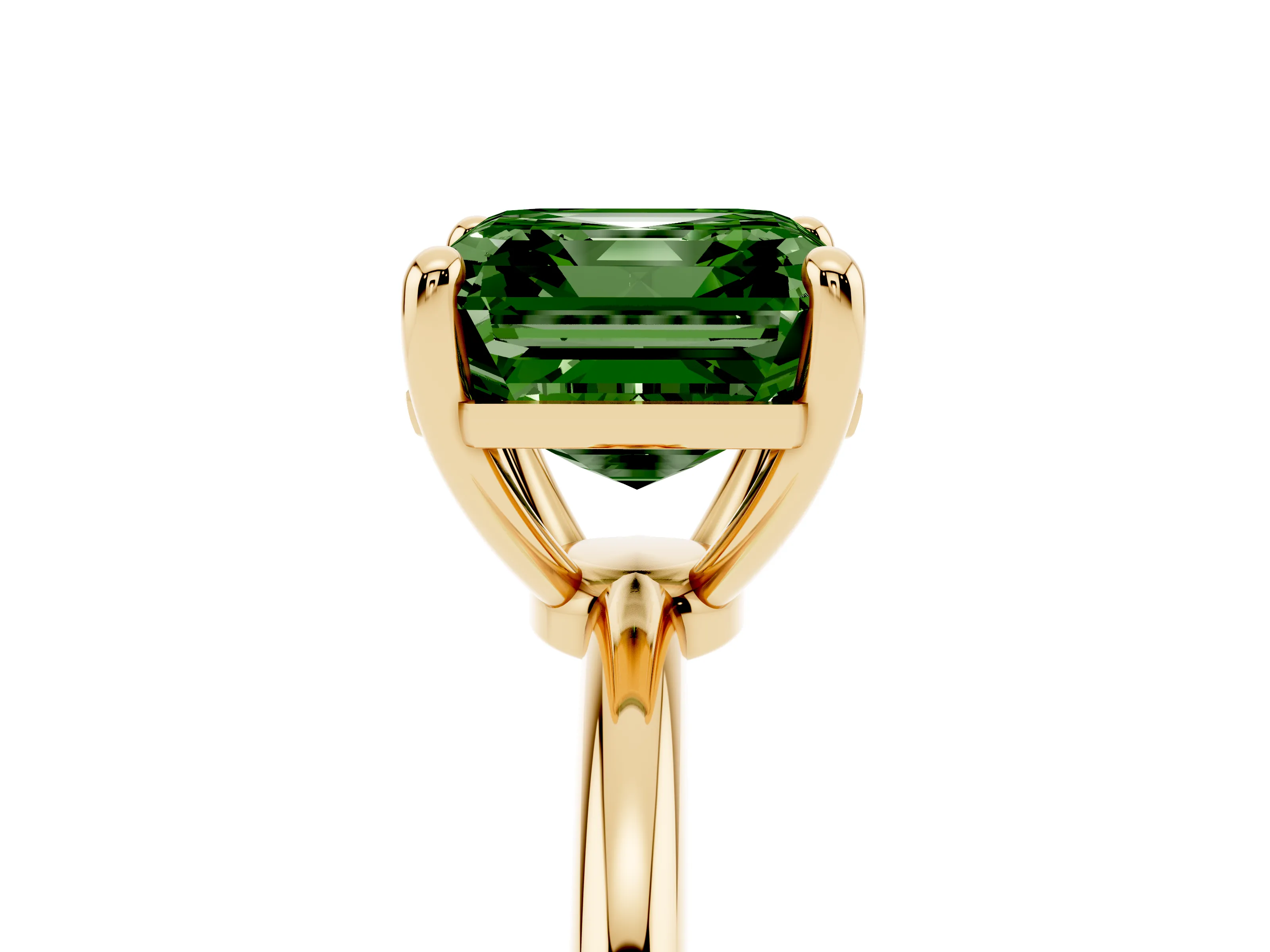 Fancy Green Asscher Cut Diamond Solitaire Ring Set in Yellow gold with Secure Prong Setting on a Classic Band