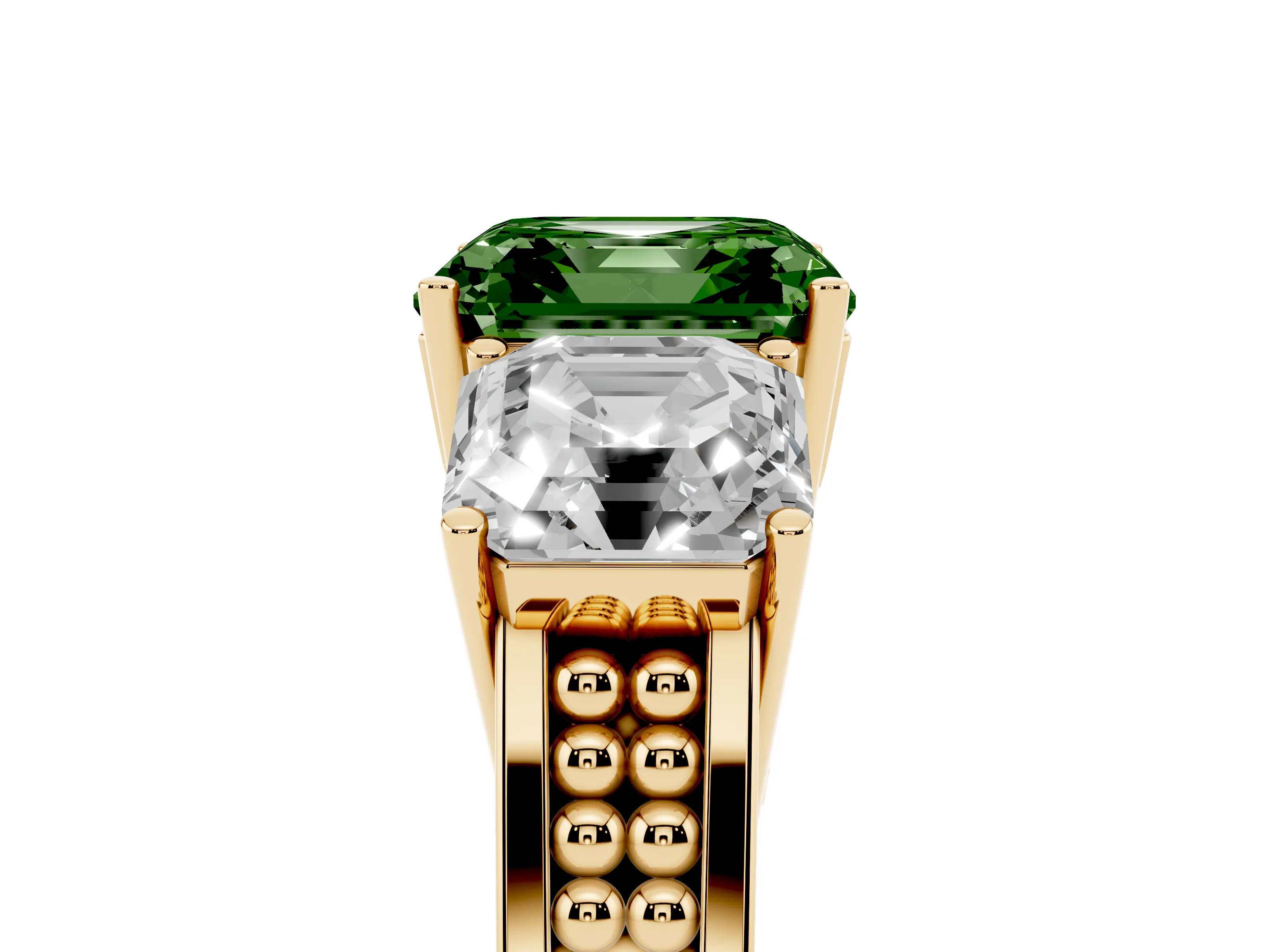 Fancy Green Asscher Cut Diamond Three-Stone Ring Set in Yellow gold with Textured Band
