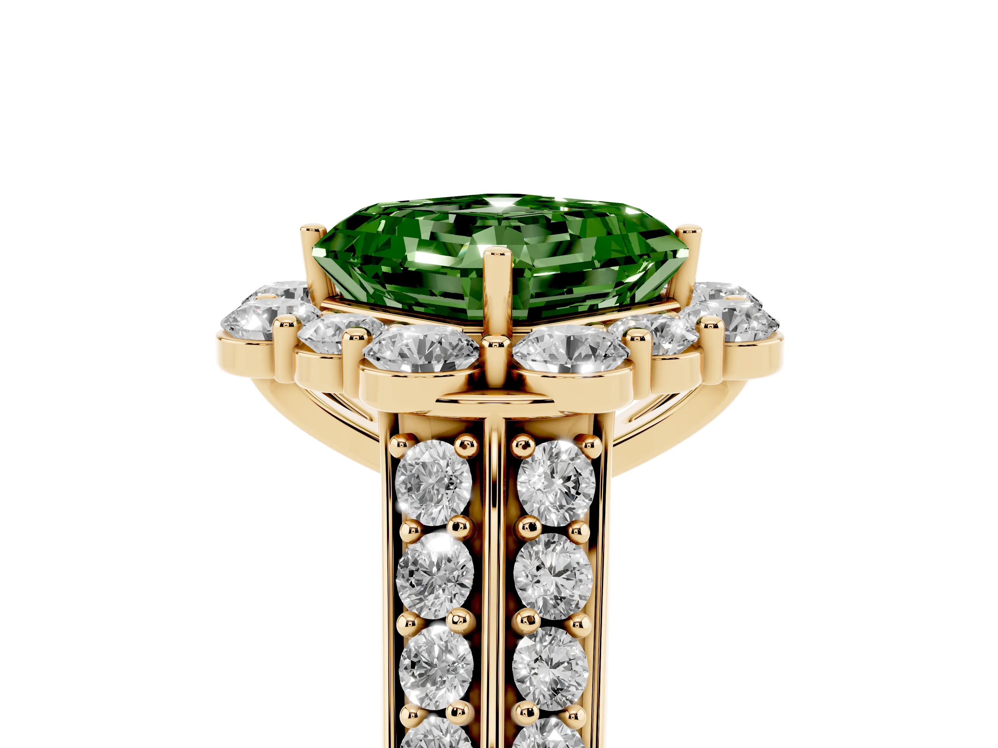 Fancy Green Asscher Cut Diamond Halo Engagement Ring Set in Yellow gold with Split Shank and Prong Setting