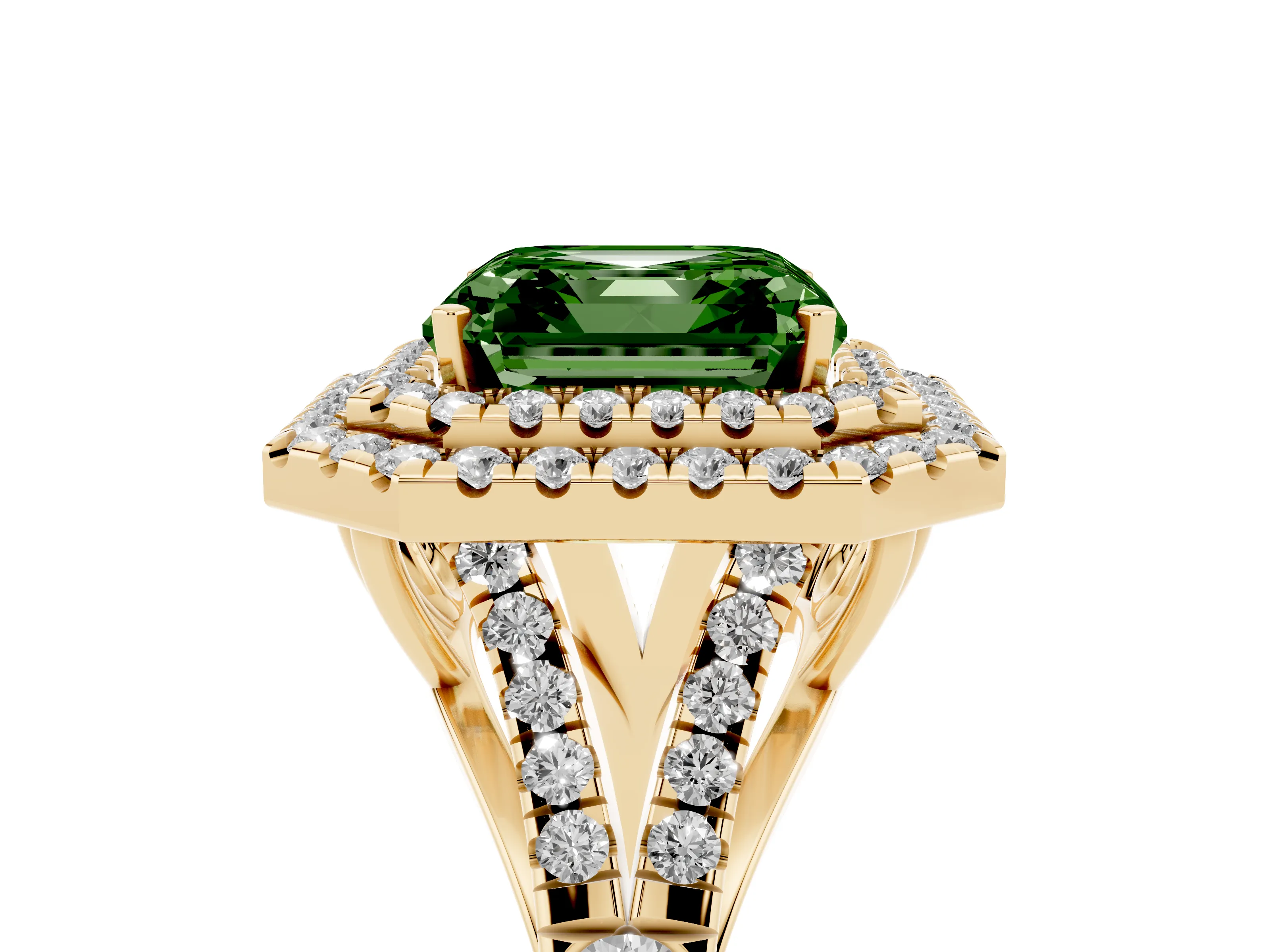 Fancy Green Asscher Cut Diamond Pavé Split Shank Double Halo Engagement Ring Set in Yellow gold