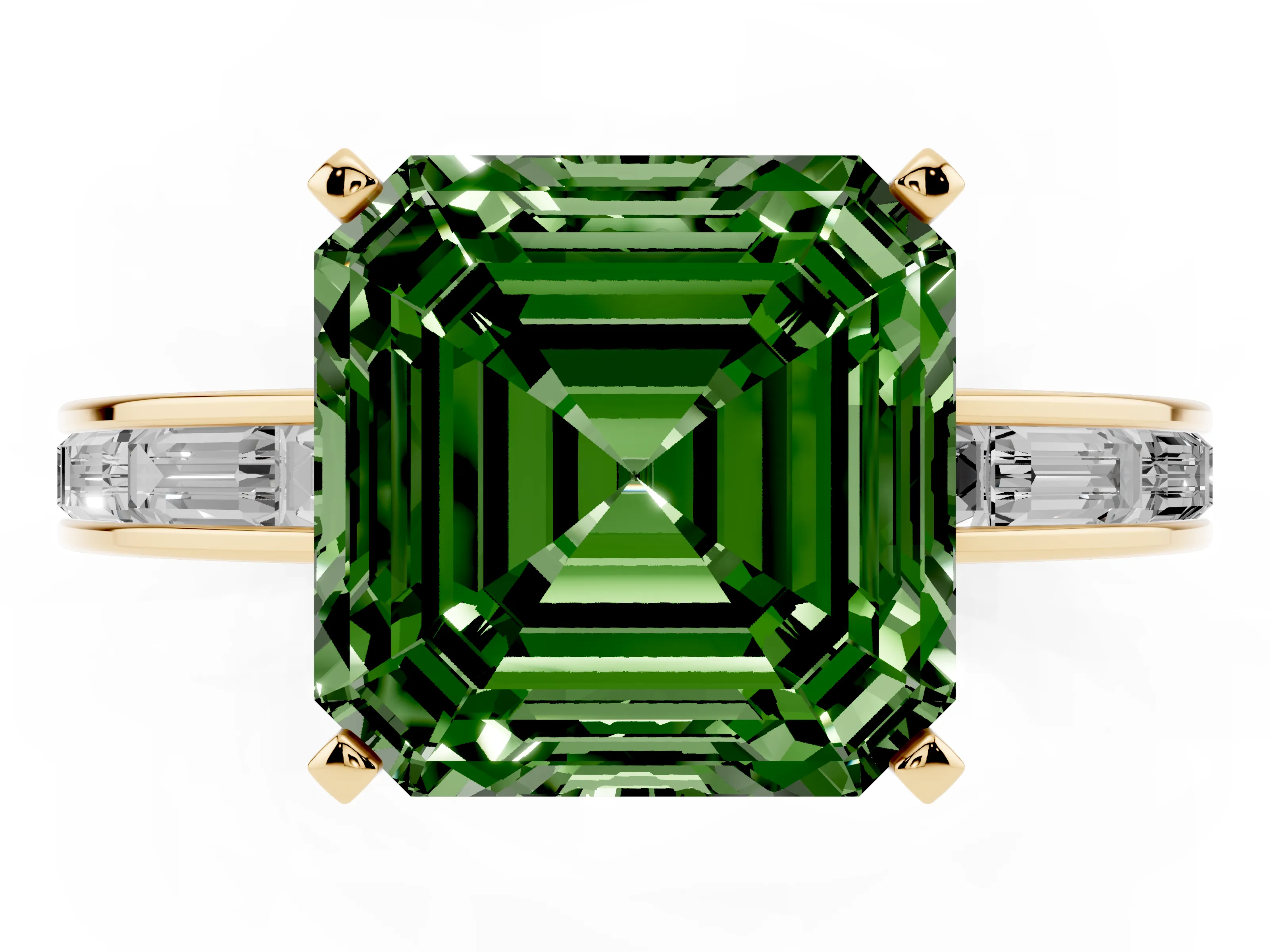 Fancy Green Asscher Cut Diamond Solitaire Ring Set in Yellow gold with Channel-Set Baguette Band and Prong Setting
