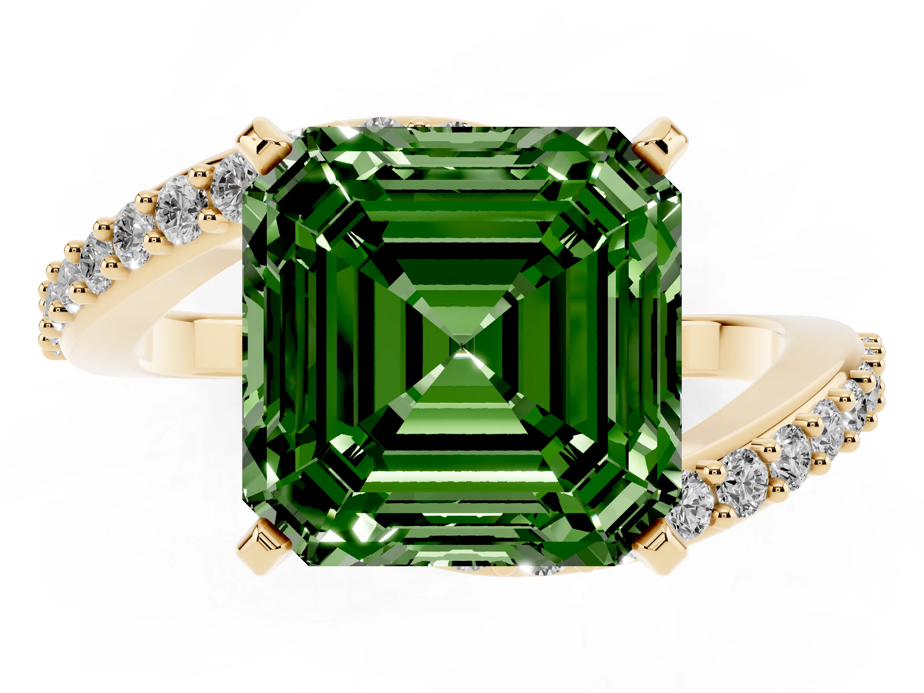 Fancy Green Asscher Cut Diamond Solitaire Ring Set in Yellow gold with Pavé Twist Band and Prong Setting