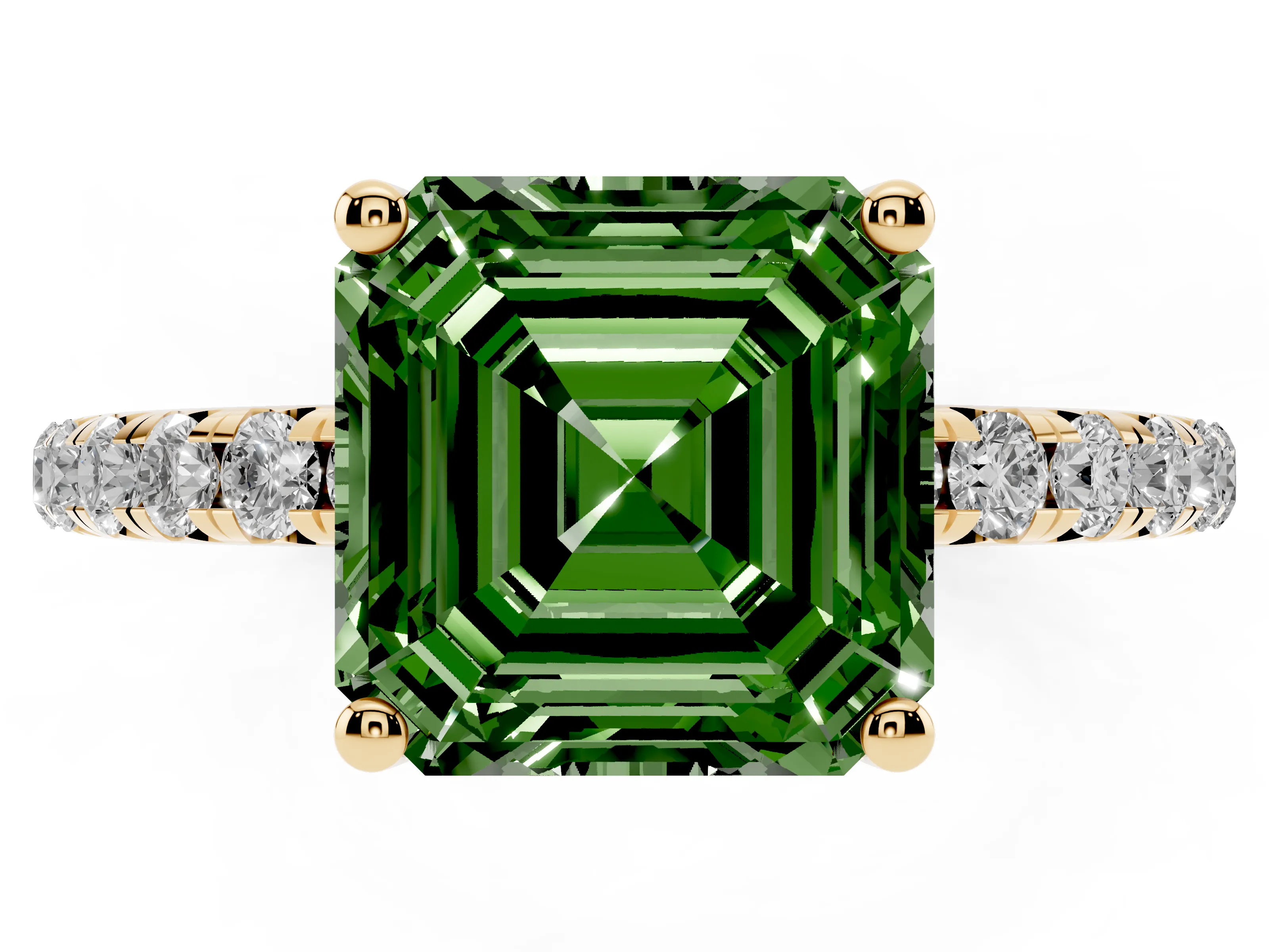 Fancy Green Asscher Cut Diamond Solitaire Ring Set in Yellow gold with Micro Pavé Band and Prong Setting