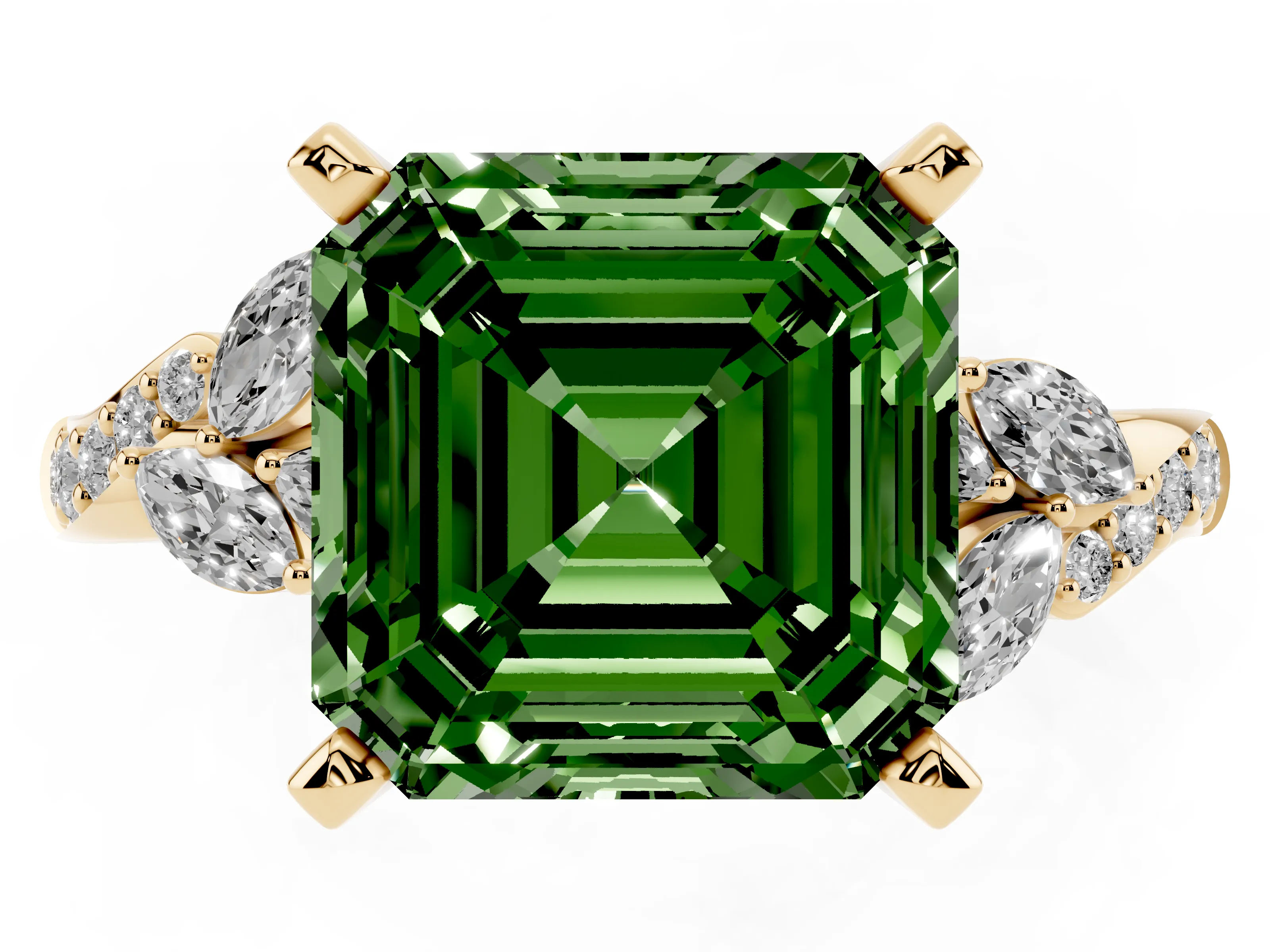 Fancy Green Asscher Cut Diamond Solitaire Ring Set in Yellow gold with Marquise Twist Band and Prong Setting
