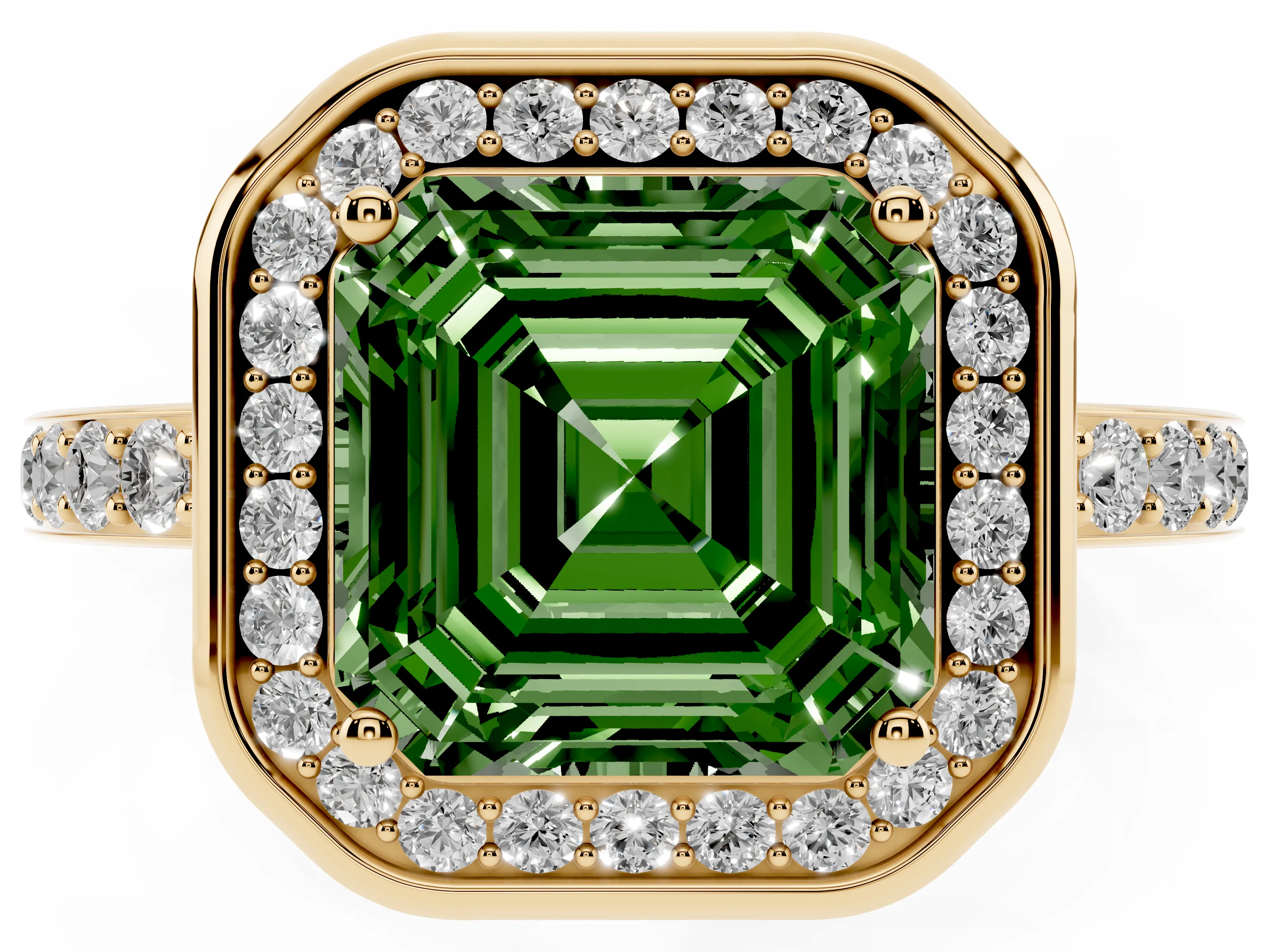 Fancy Green Asscher Cut Diamond Halo Ring Set in Yellow gold with Bezel Frame and Pavé Band