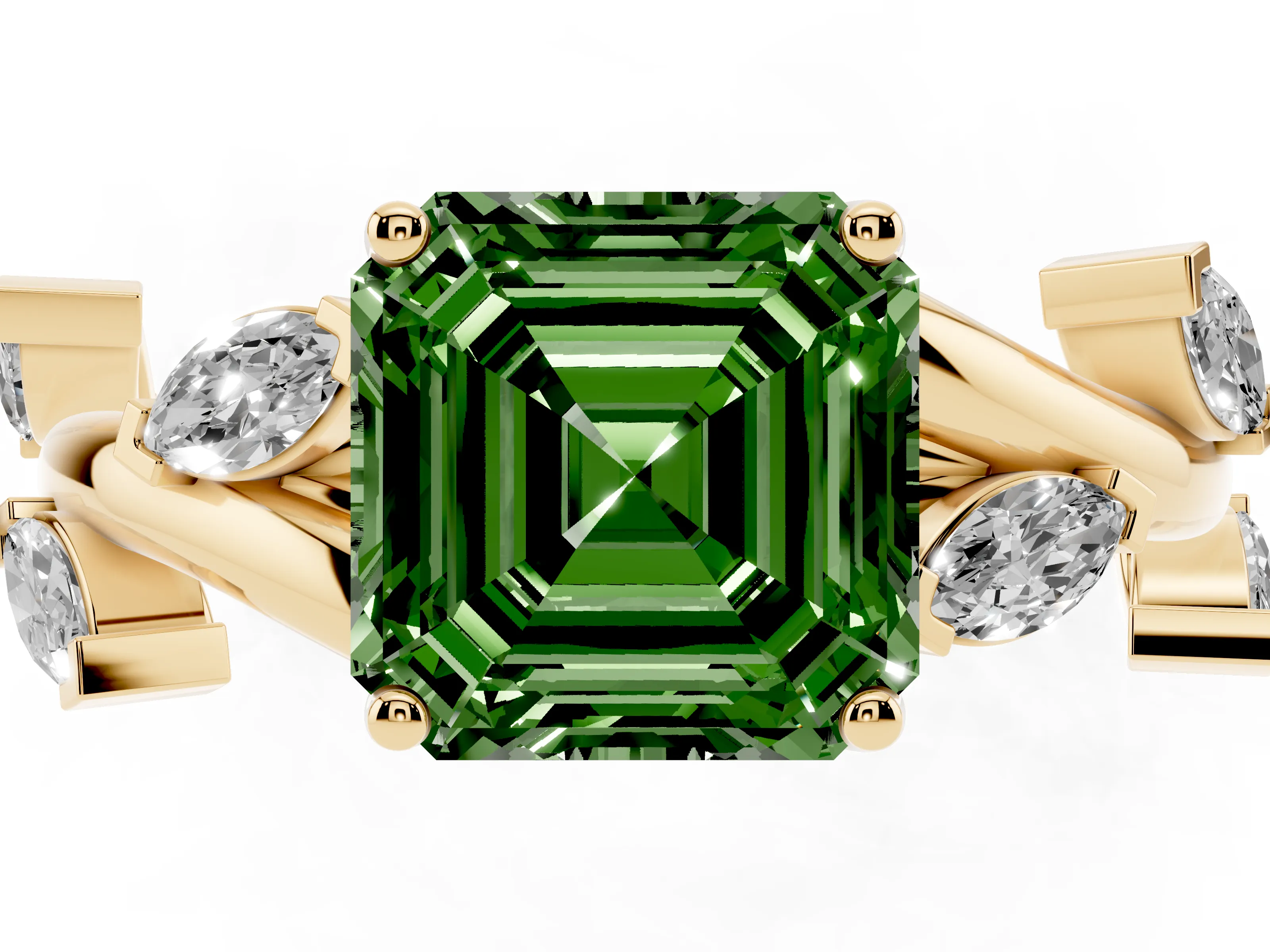 Fancy Green Asscher Cut Diamond Solitaire Ring Set in Yellow gold with Twisted Marquise Accent Band