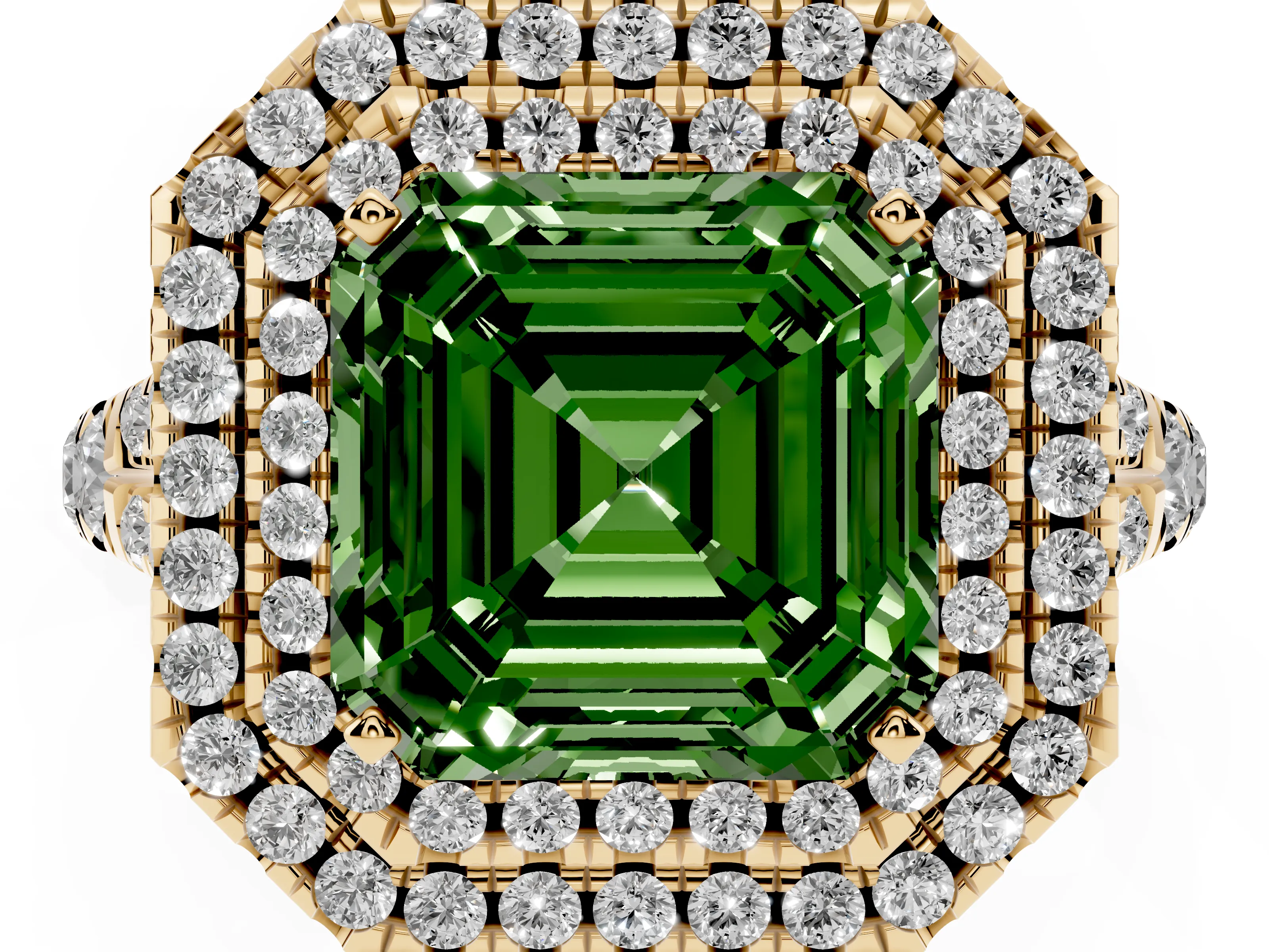 Fancy Green Asscher Cut Diamond Pavé Split Shank Double Halo Engagement Ring Set in Yellow gold