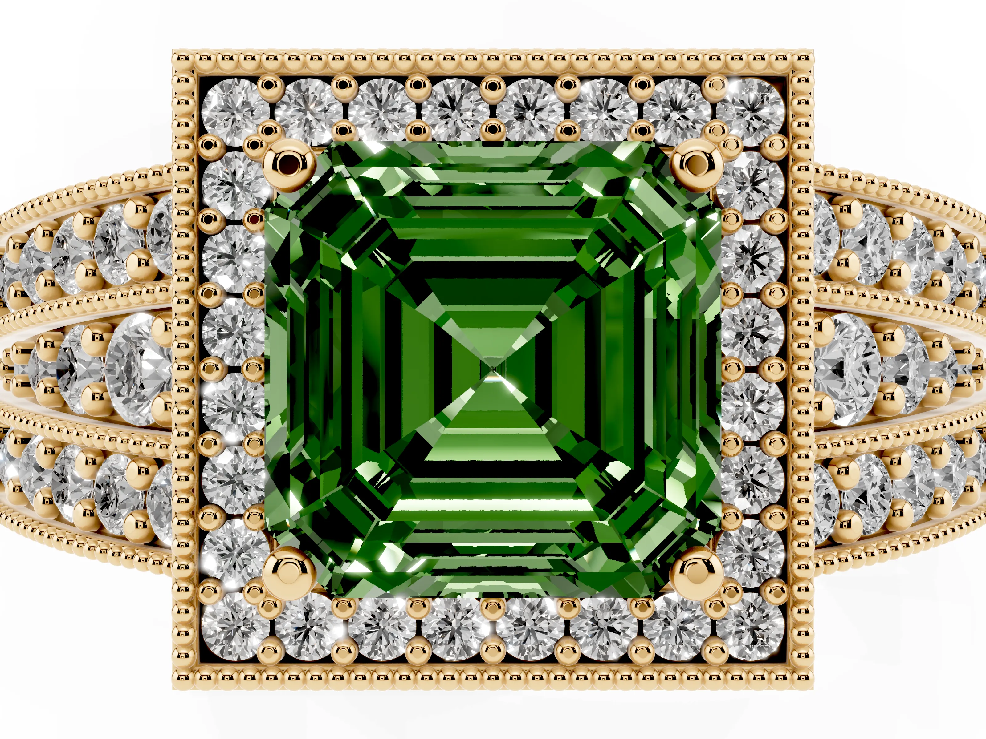 Fancy Green Asscher Cut Diamond Halo Ring Set in Yellow gold with Accent Split Shank and Prong Setting