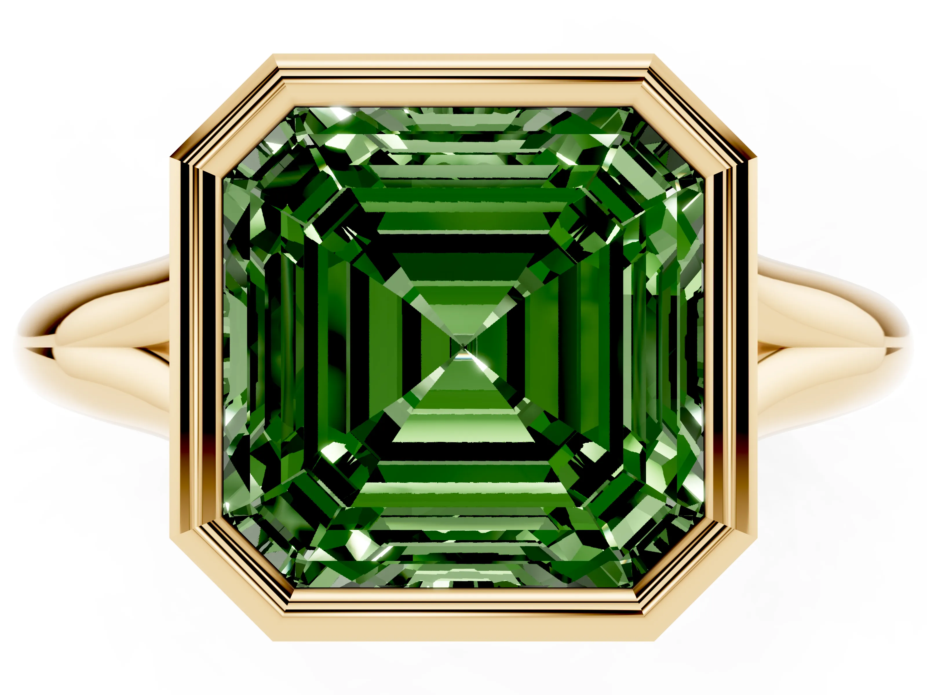 Fancy Green Bezel Set Asscher Cut Diamond Solitaire Ring Set in Yellow gold with Smooth Band