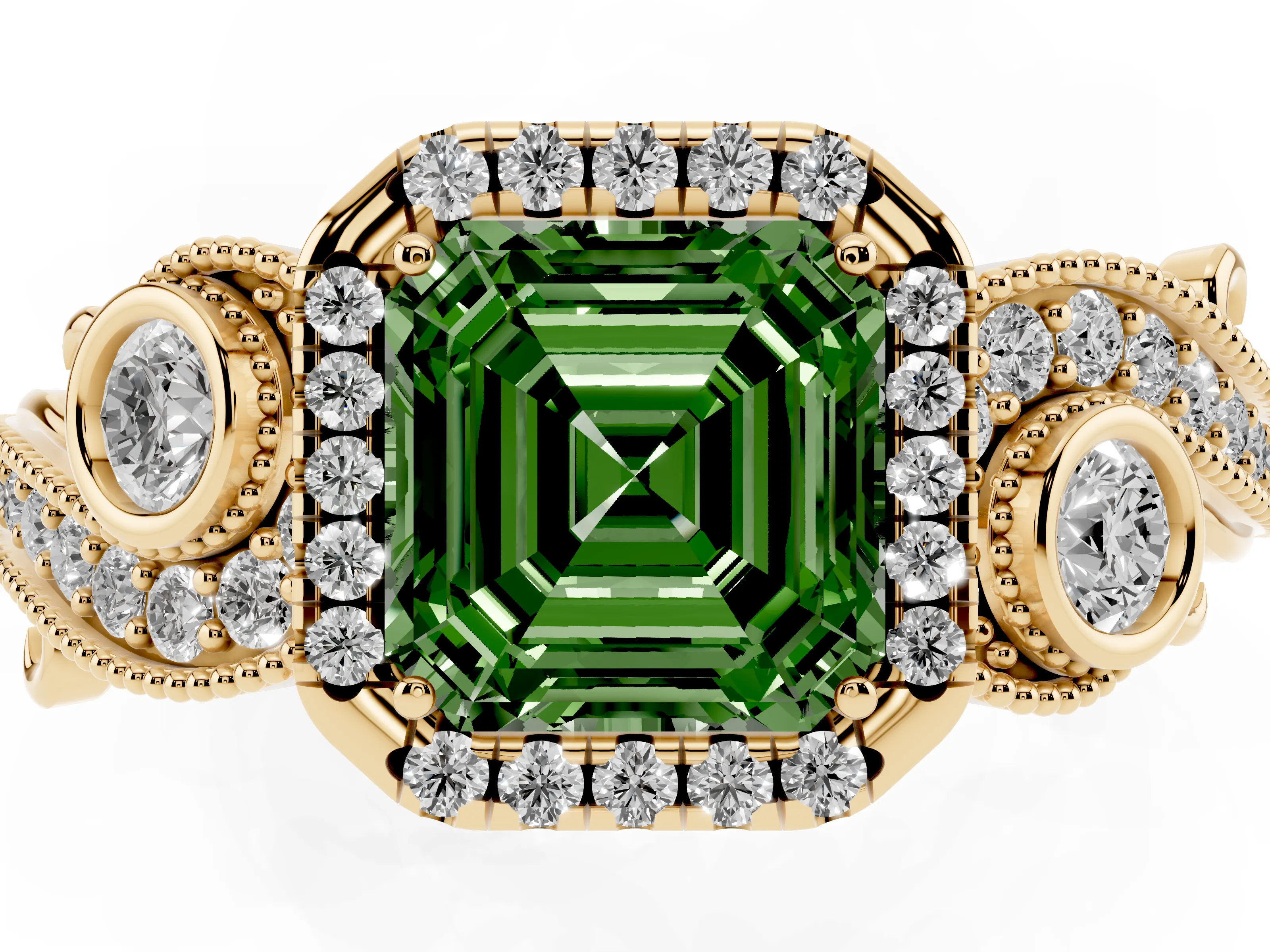 Fancy Green Asscher Cut Diamond Halo Ring Set in Yellow gold with Milgrain Pavé Band and Prong Setting