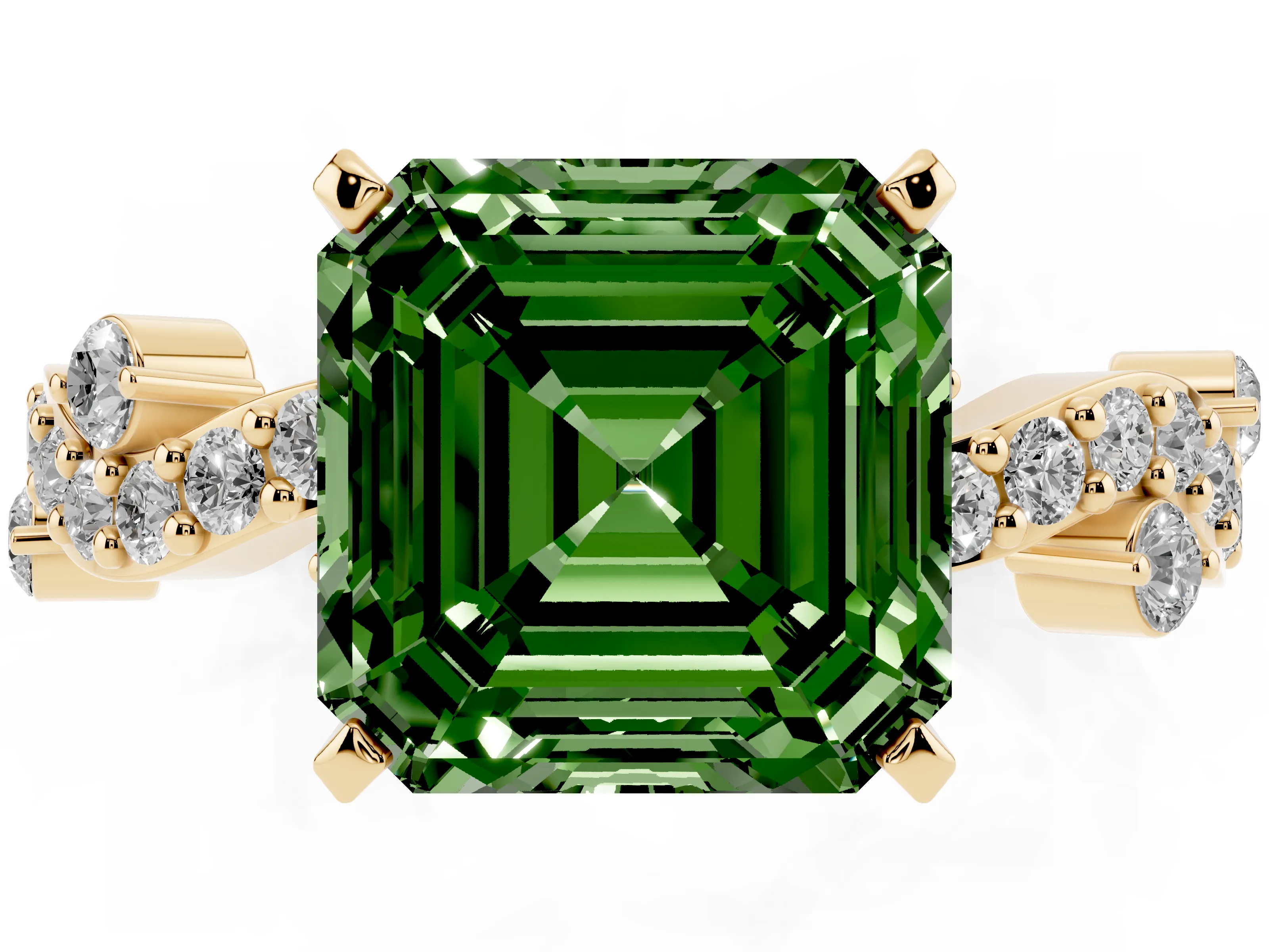 Fancy Green Asscher Cut Diamond Solitaire Twisted Band Set in Yellow gold with Pavé Setting