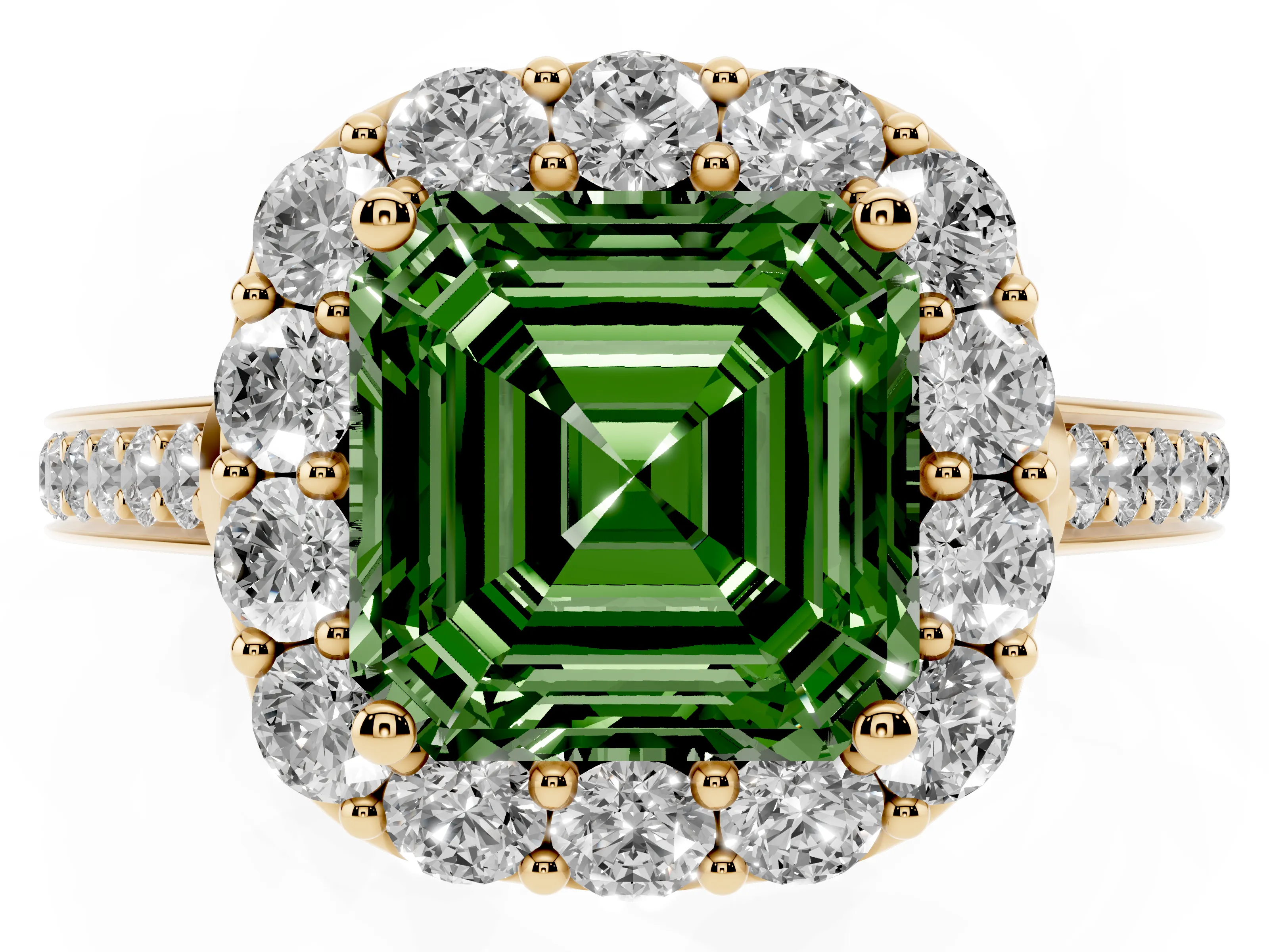 Fancy Green Asscher Cut Diamond Floral Halo Ring Set in Yellow gold with Pavé Band and Prong Setting