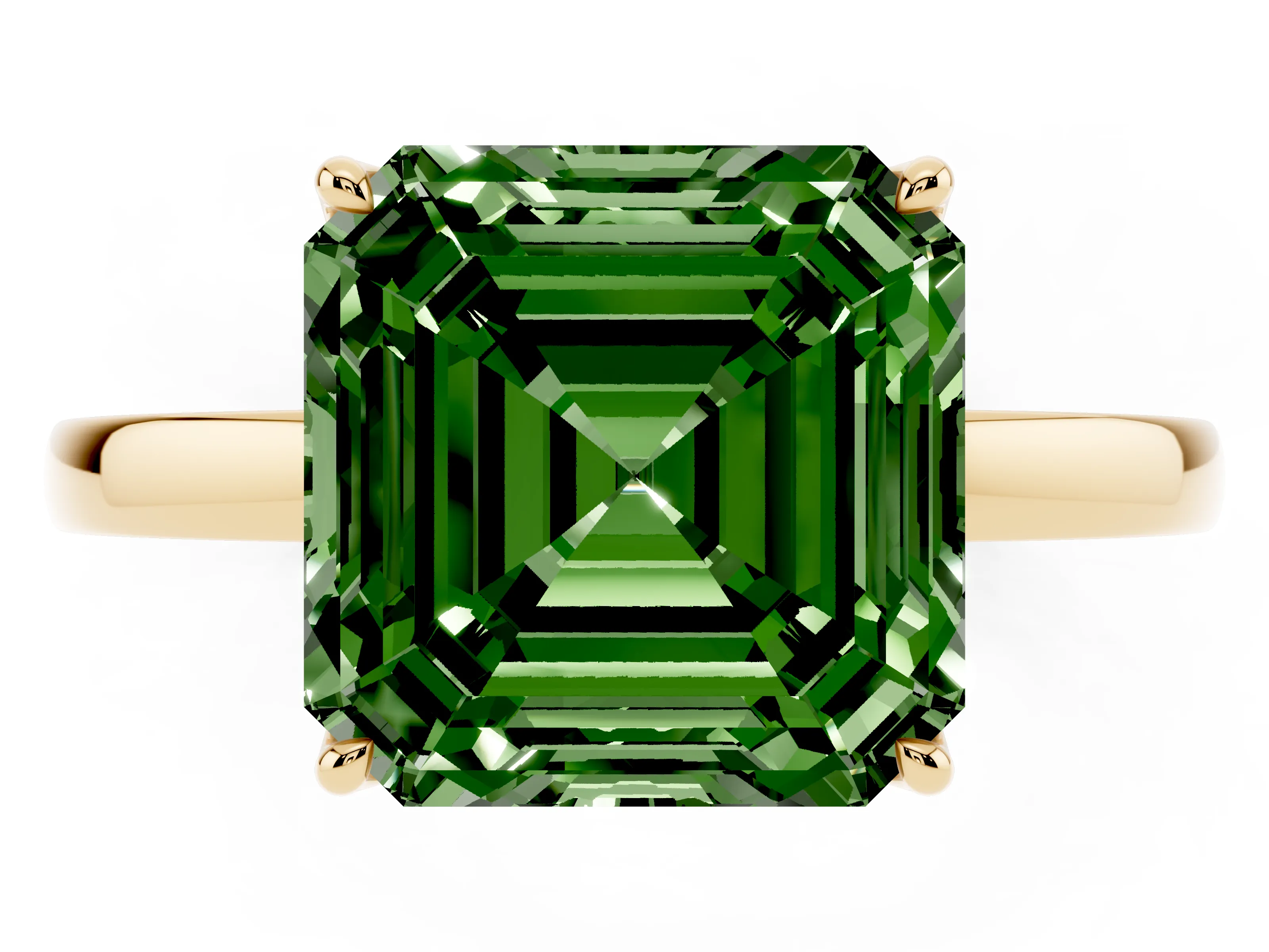 Fancy Green Asscher Cut Diamond Solitaire Ring Set in Yellow gold with Prong Setting and Thin Polished Band
