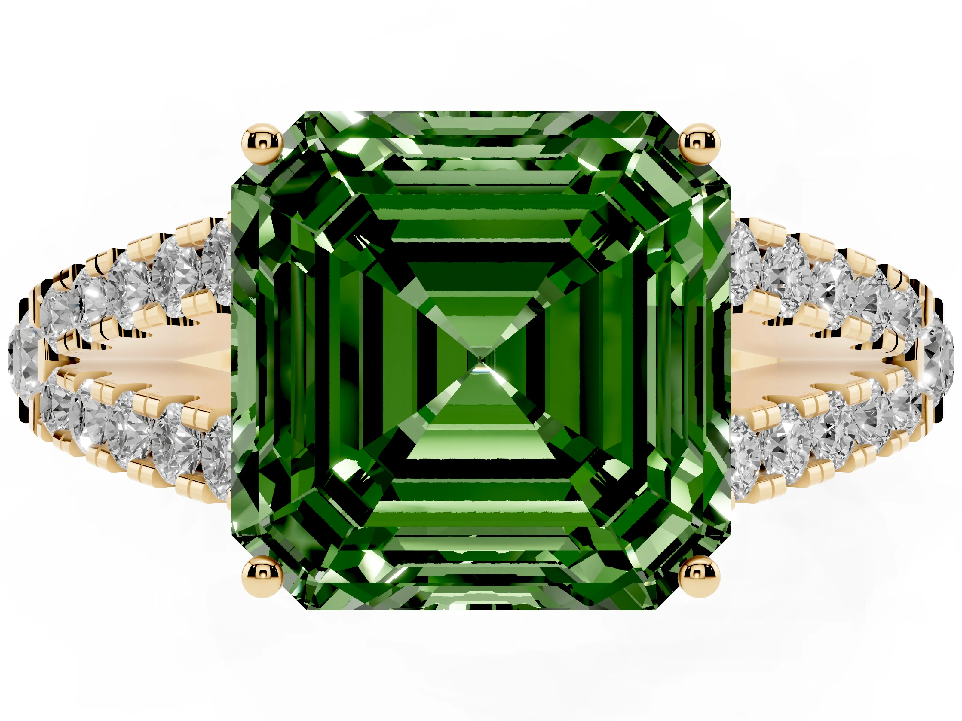 Fancy Green Asscher Cut Diamond Split Shank Pavé Engagement Ring Set in Yellow gold with Prong-Held Center Stone