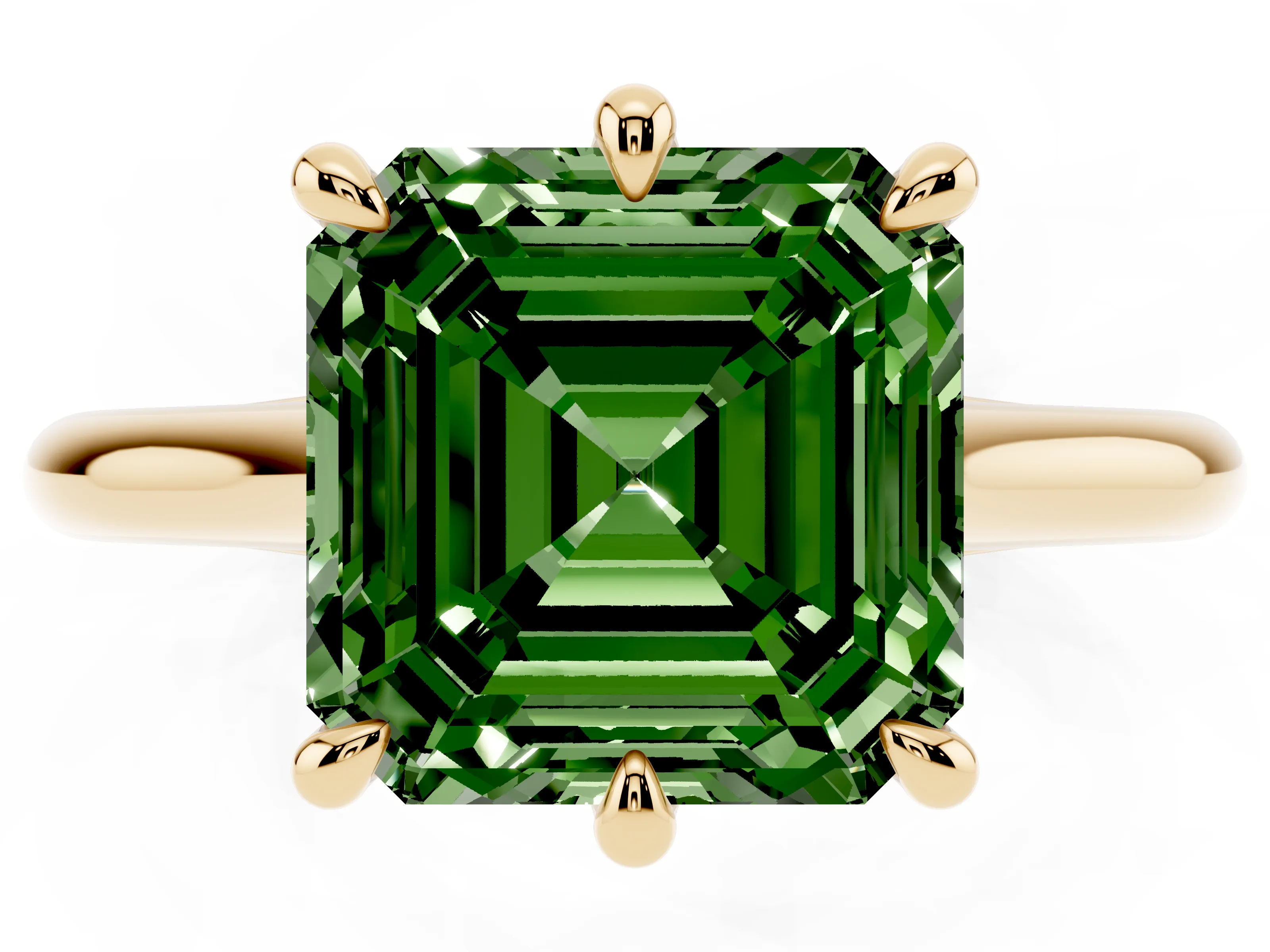 Fancy Green Asscher Cut Diamond Solitaire Engagement Ring Set in Yellow gold with Prong Setting and Plain Classic Band