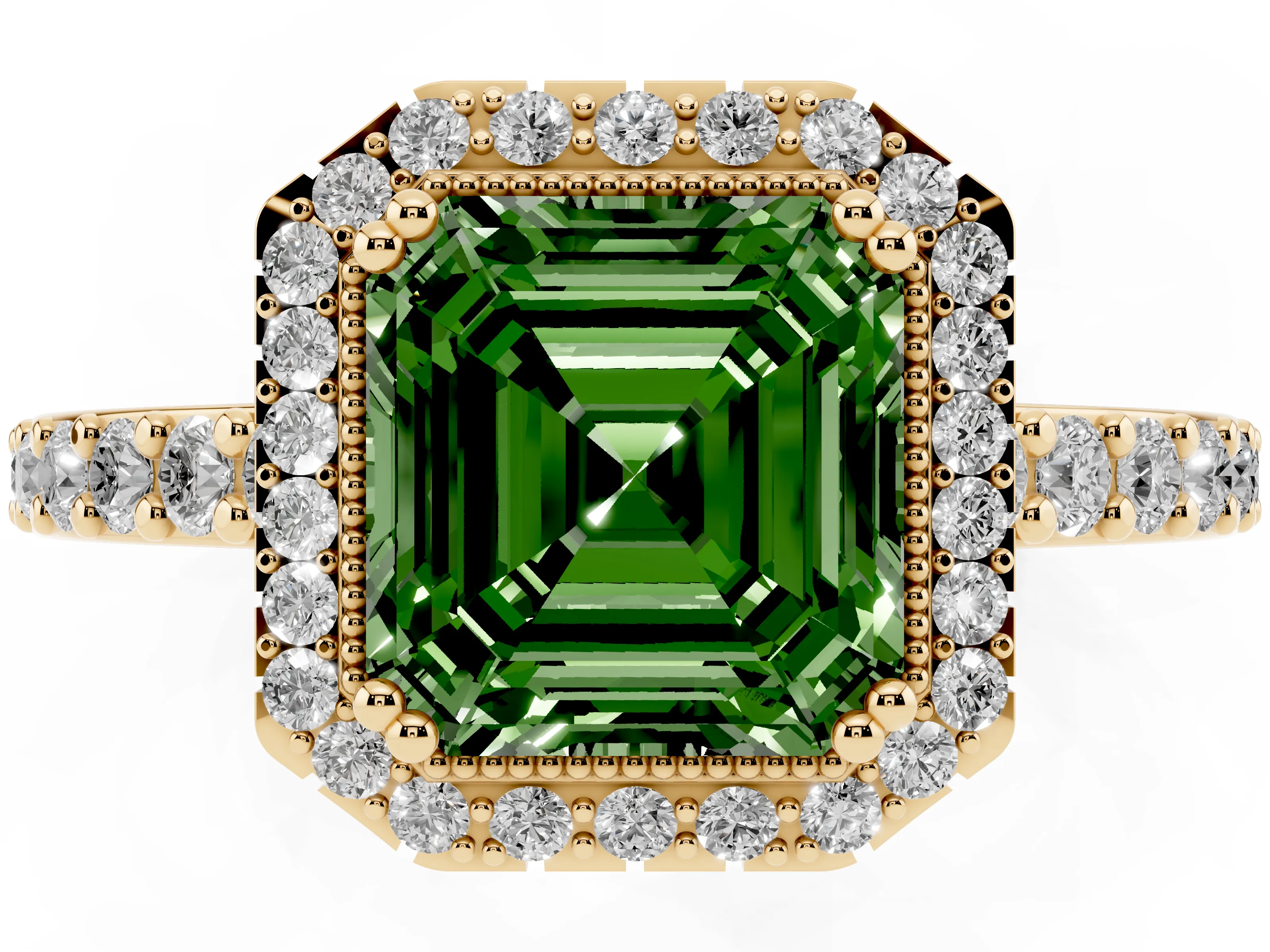 Fancy Green Asscher Cut Diamond Halo Engagement Ring Set in Yellow gold with Milgrain Detail and Pavé Band
