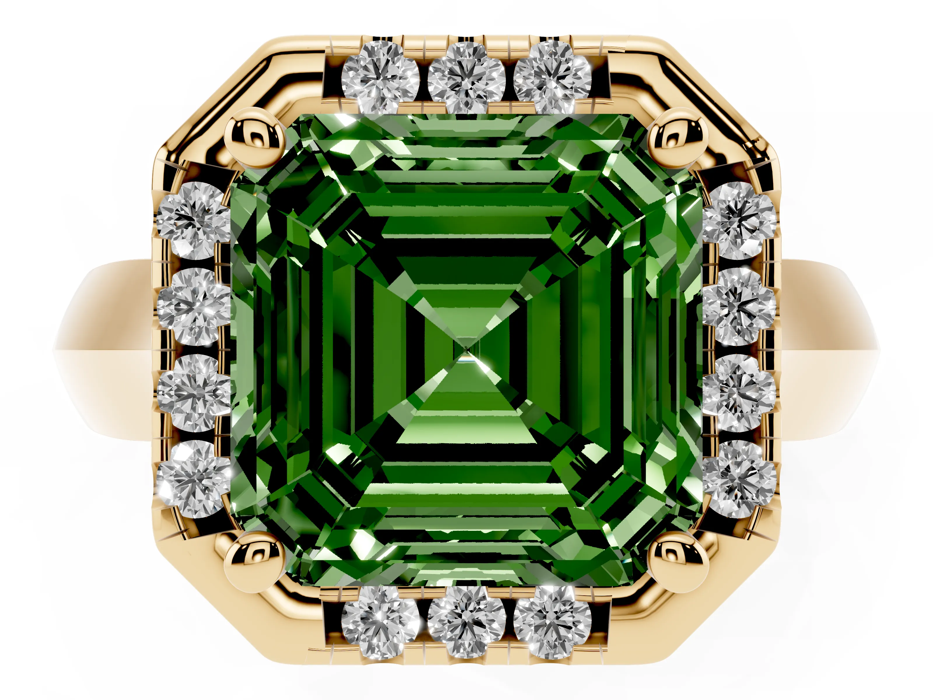 Fancy Green Asscher Cut Diamond Halo Solitaire Engagement Ring Set in Yellow gold with Square Band and Prong Setting