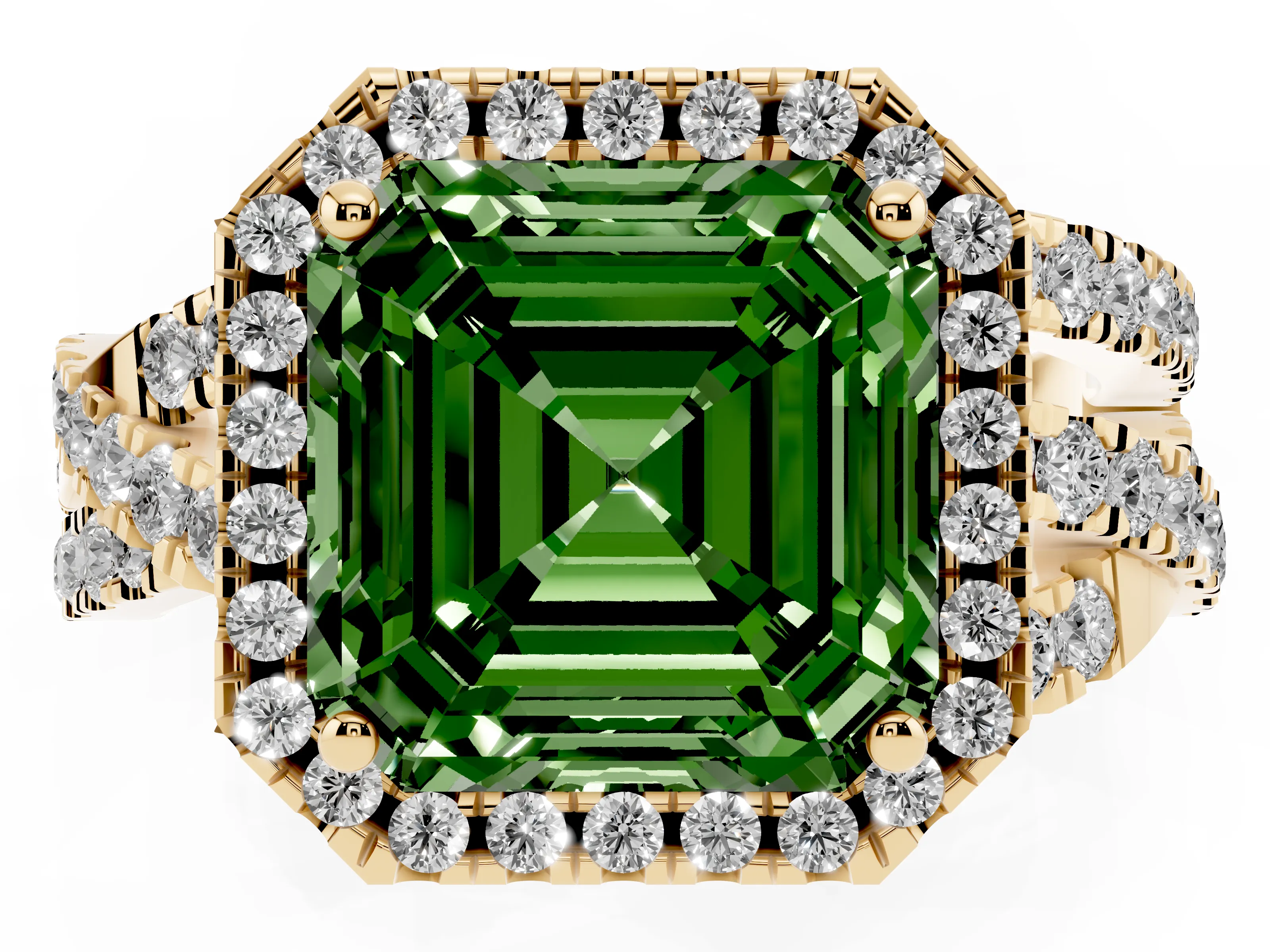 Fancy Green Asscher Cut Diamond Halo Ring Set in Yellow gold with Round Crossover Split Shank and Prong Setting