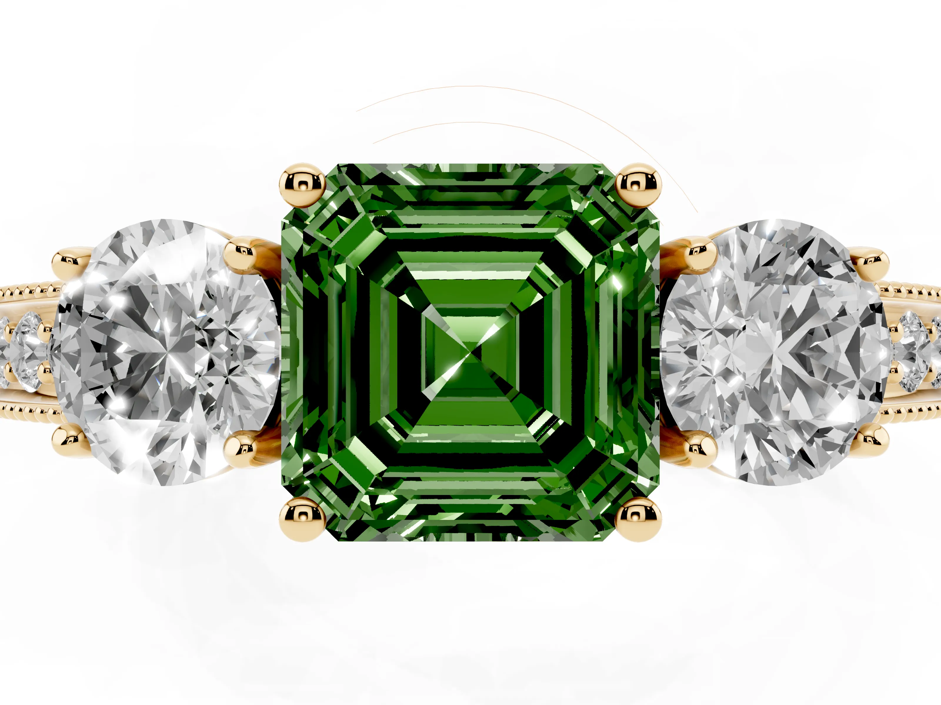 Fancy Green Asscher Cut Diamond Three-Stone Ring Set in Yellow gold with Round Side Stones and Pavé Band