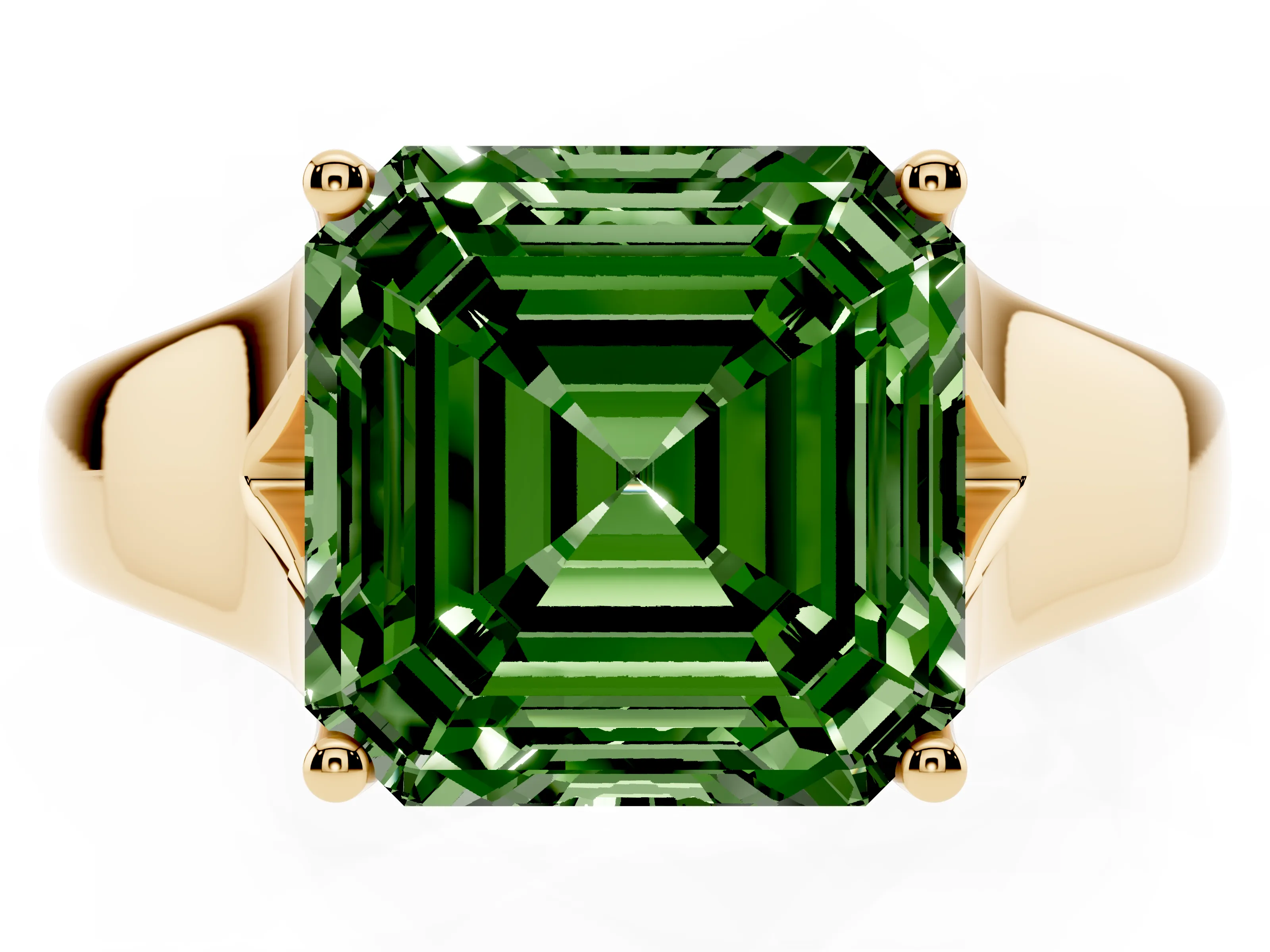 Fancy Green Asscher Cut Diamond Solitaire Ring Set in Yellow gold with Arched Cathedral Band and Prong Setting