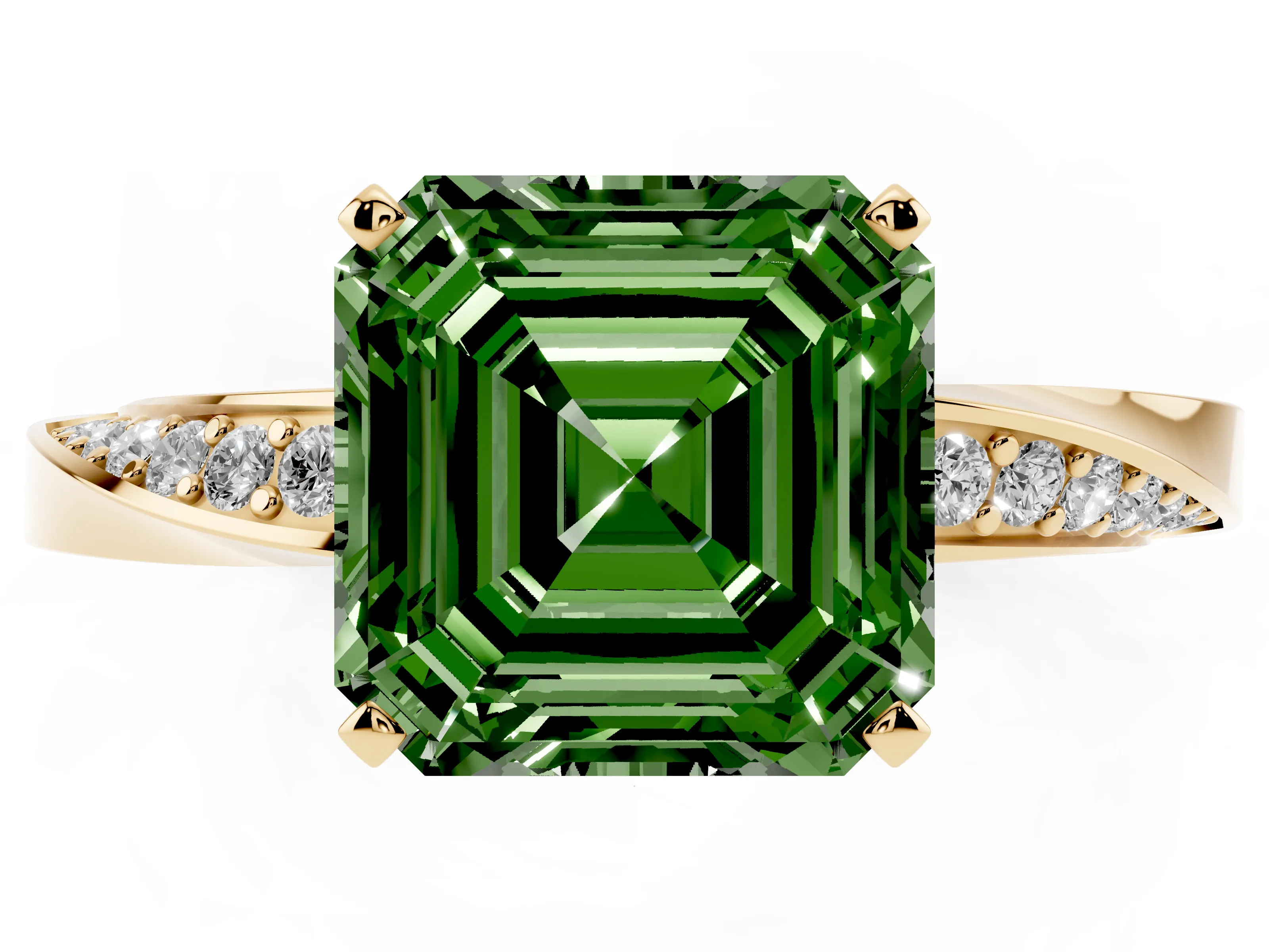 Fancy Green Asscher Cut Diamond Engagement Ring Set in Yellow gold with Side Stone Accents and Prong Setting