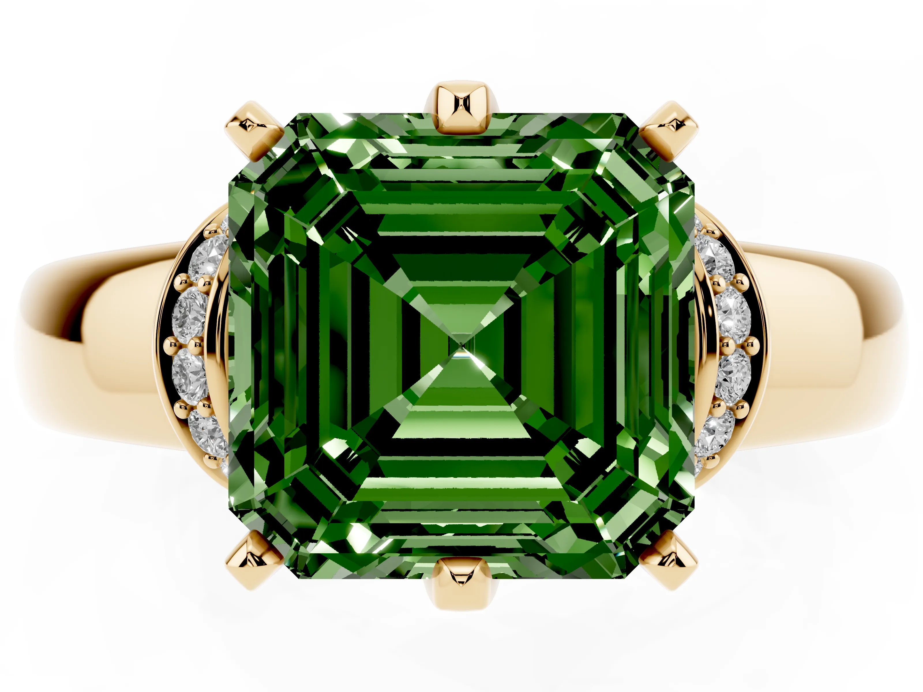 Fancy Green Asscher Cut Diamond Pavé Band Solitaire Ring Set in Yellow gold with Prong Setting