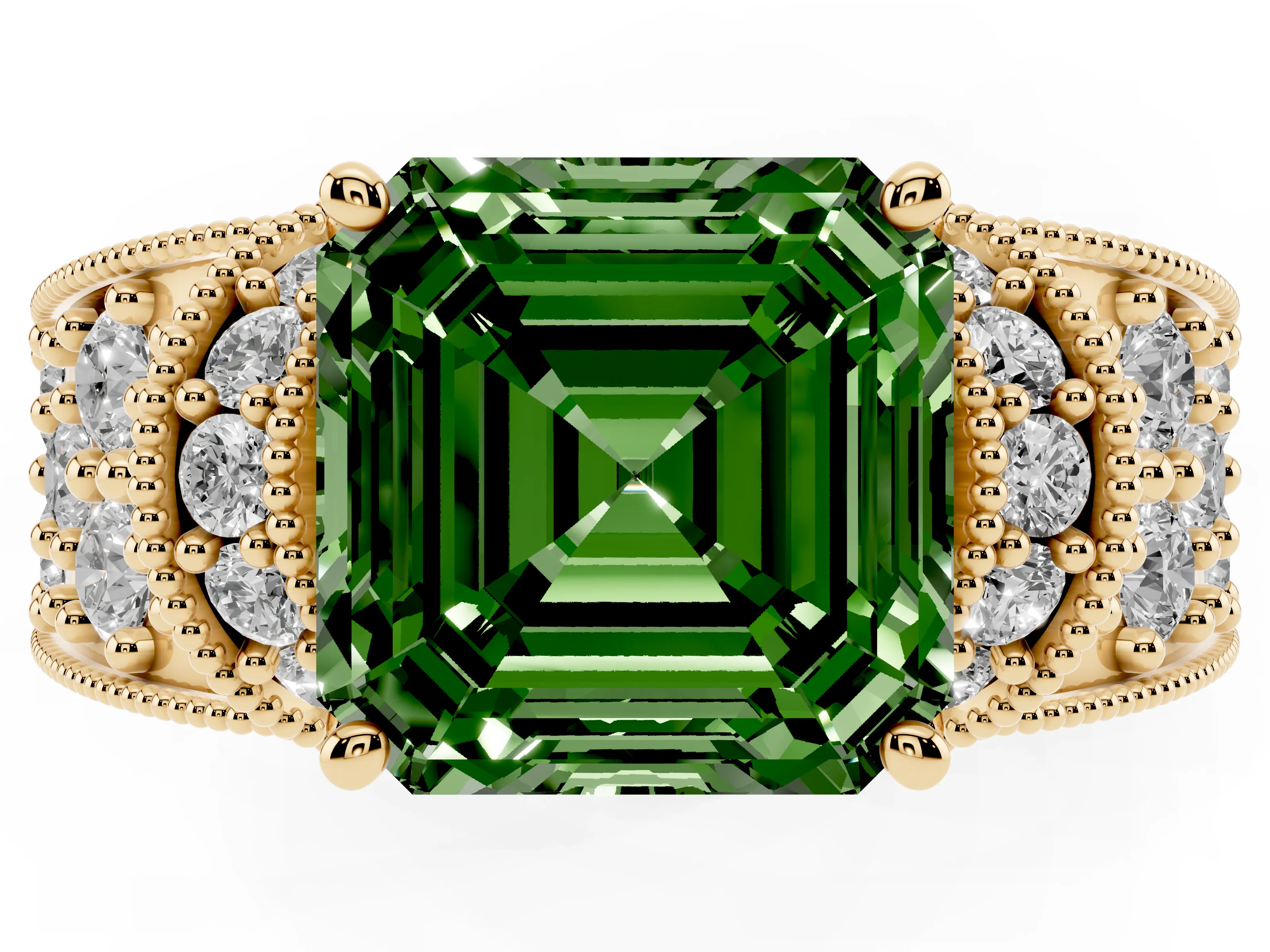 Fancy Green Asscher Cut Diamond Milgrain Halo Pavé Engagement Ring Set in Yellow gold with Prong Setting