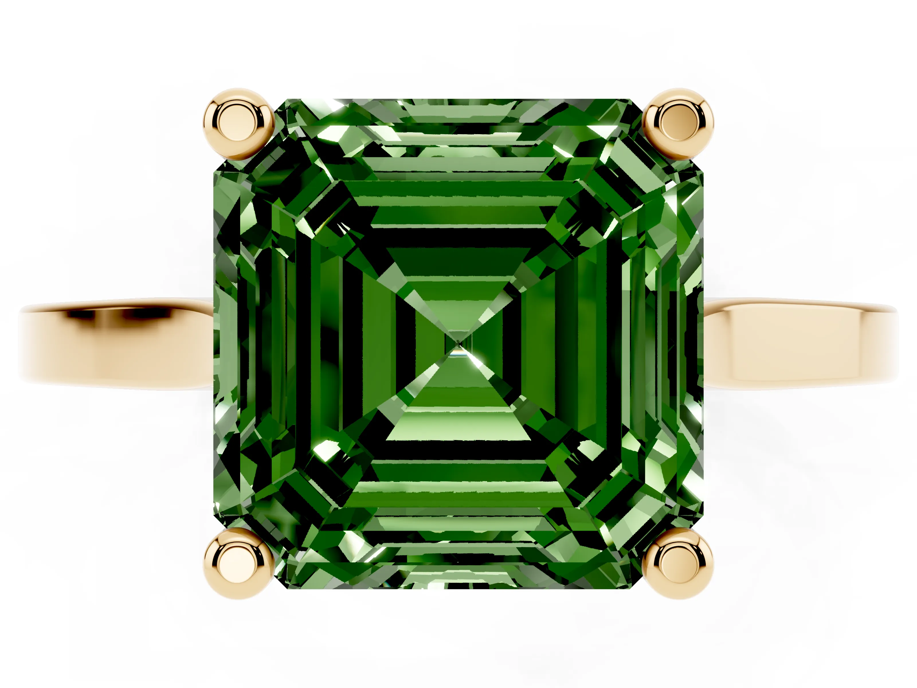 Fancy Green Asscher Cut Diamond Solitaire Ring Set in Yellow gold with Prong Setting and Tapered Band
