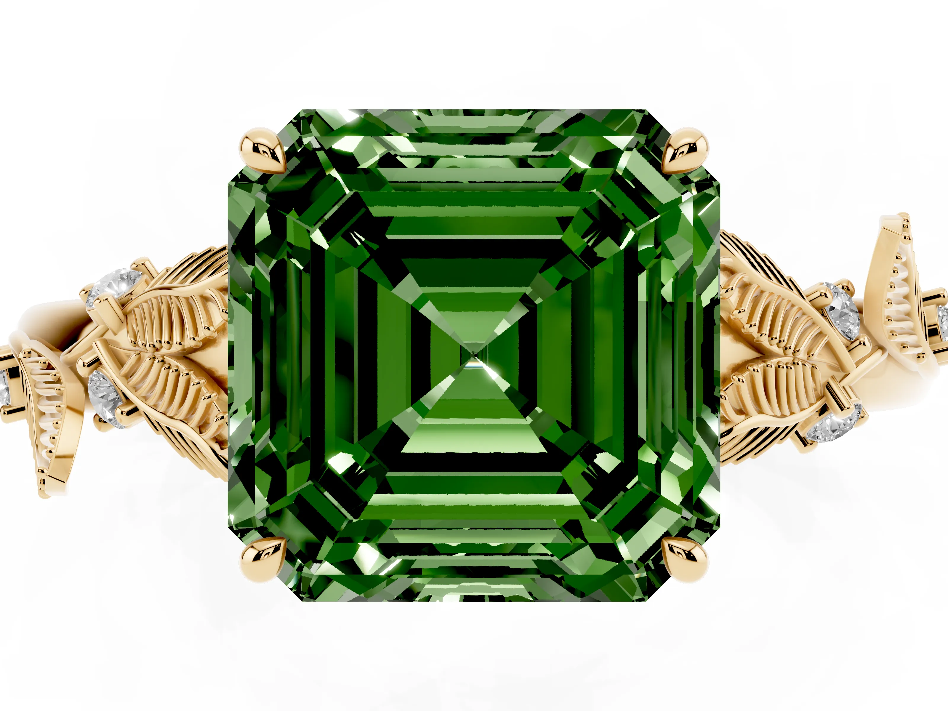 Fancy Green Asscher Cut Diamond Solitaire Ring Set in Yellow gold with Leaf Motif Band