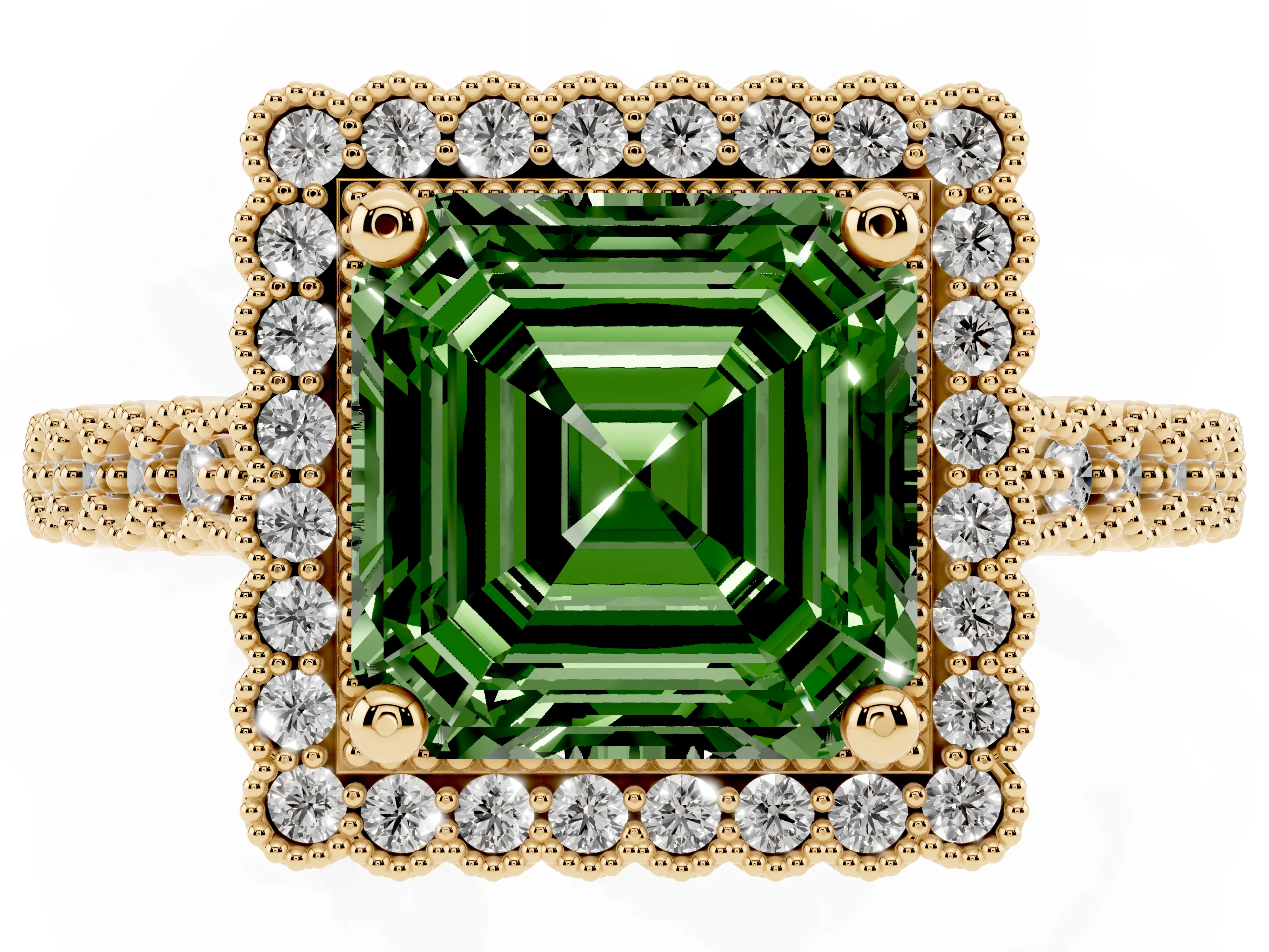 Fancy Green Asscher Cut Diamond Halo Ring Set in Yellow gold with Pavé Milgrain Band