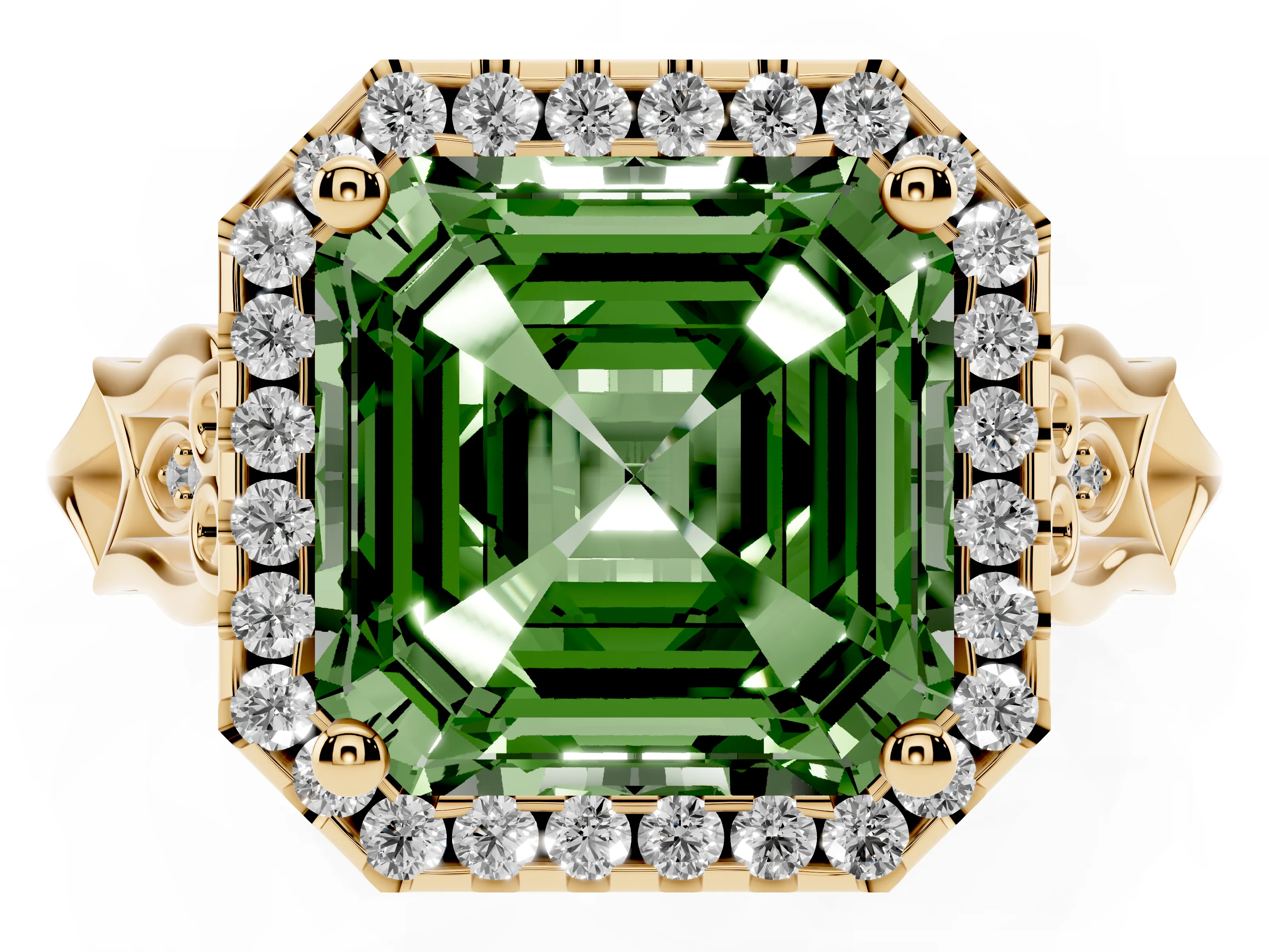 Fancy Green Asscher Cut Diamond Halo Engagement Ring Set in Yellow gold with Filigree Band and Prong-Set Center