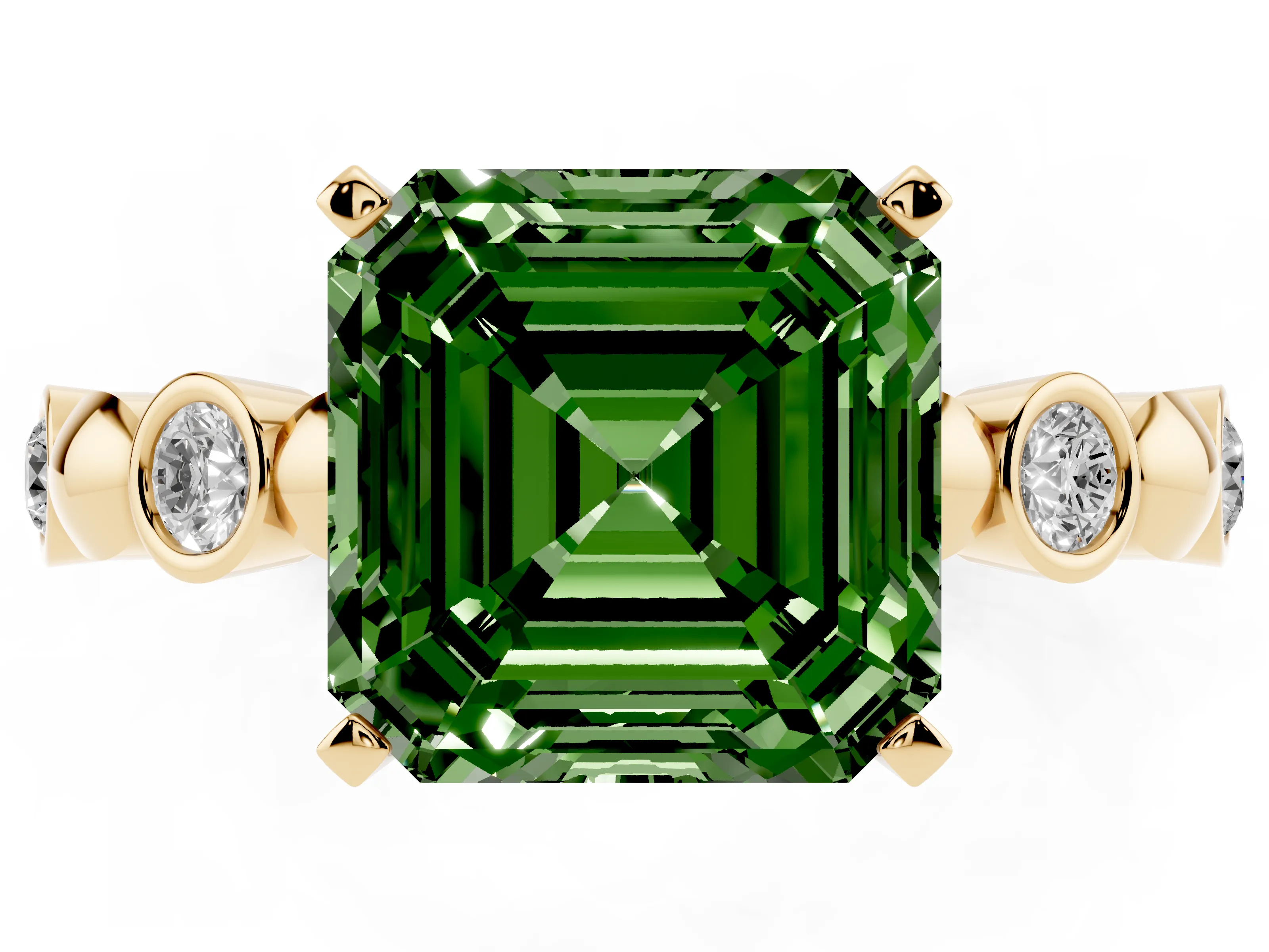 Fancy Green Asscher Cut Diamond Solitaire Ring Set in Yellow gold with Bezel-Set Accents on Beaded Band and Prong Setting