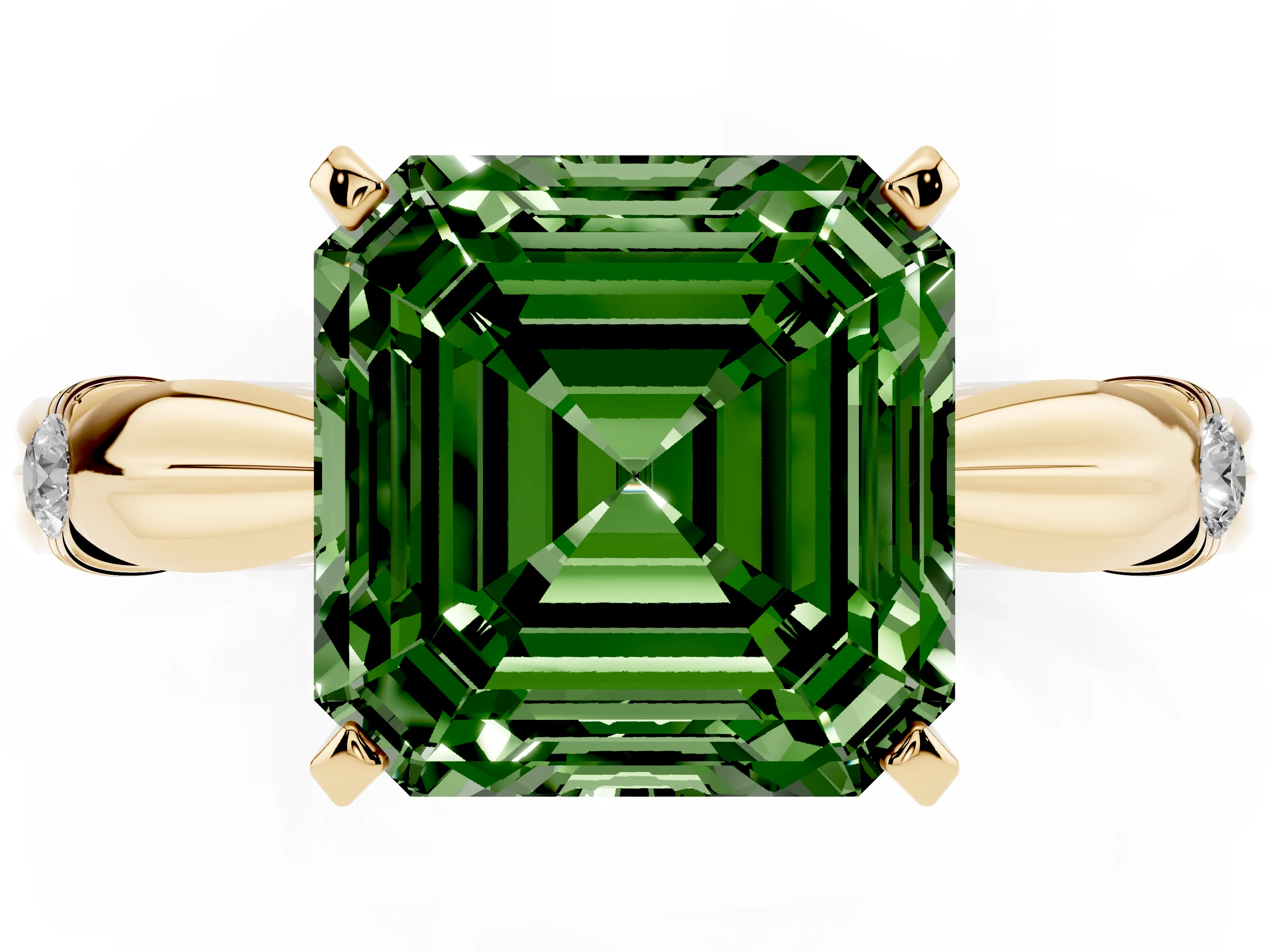 Fancy Green Asscher Cut Diamond Solitaire Twisted Band Ring Set in Yellow gold with Accent Stones and Prong Setting