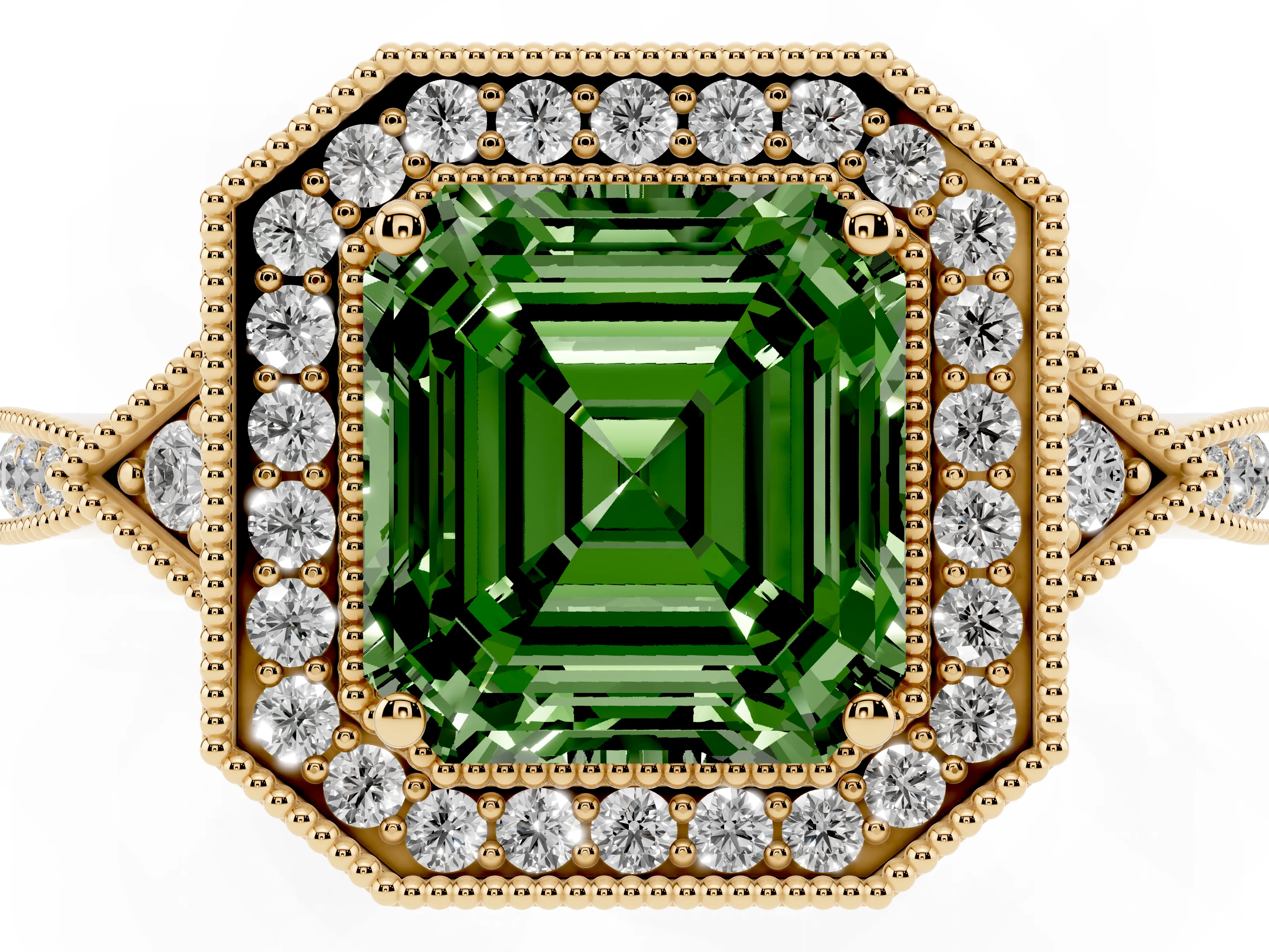 Fancy Green Asscher Cut Diamond Halo Engagement Ring Set in Yellow gold with Milgrain Pavé Band