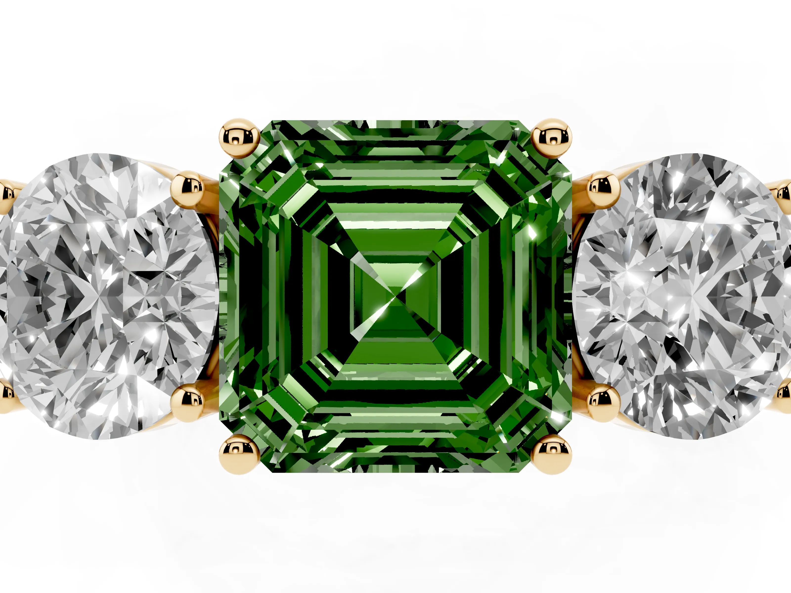 Fancy Green Asscher Cut Diamond Three-Stone Ring Set in Yellow gold with Channel-Set Accent Band
