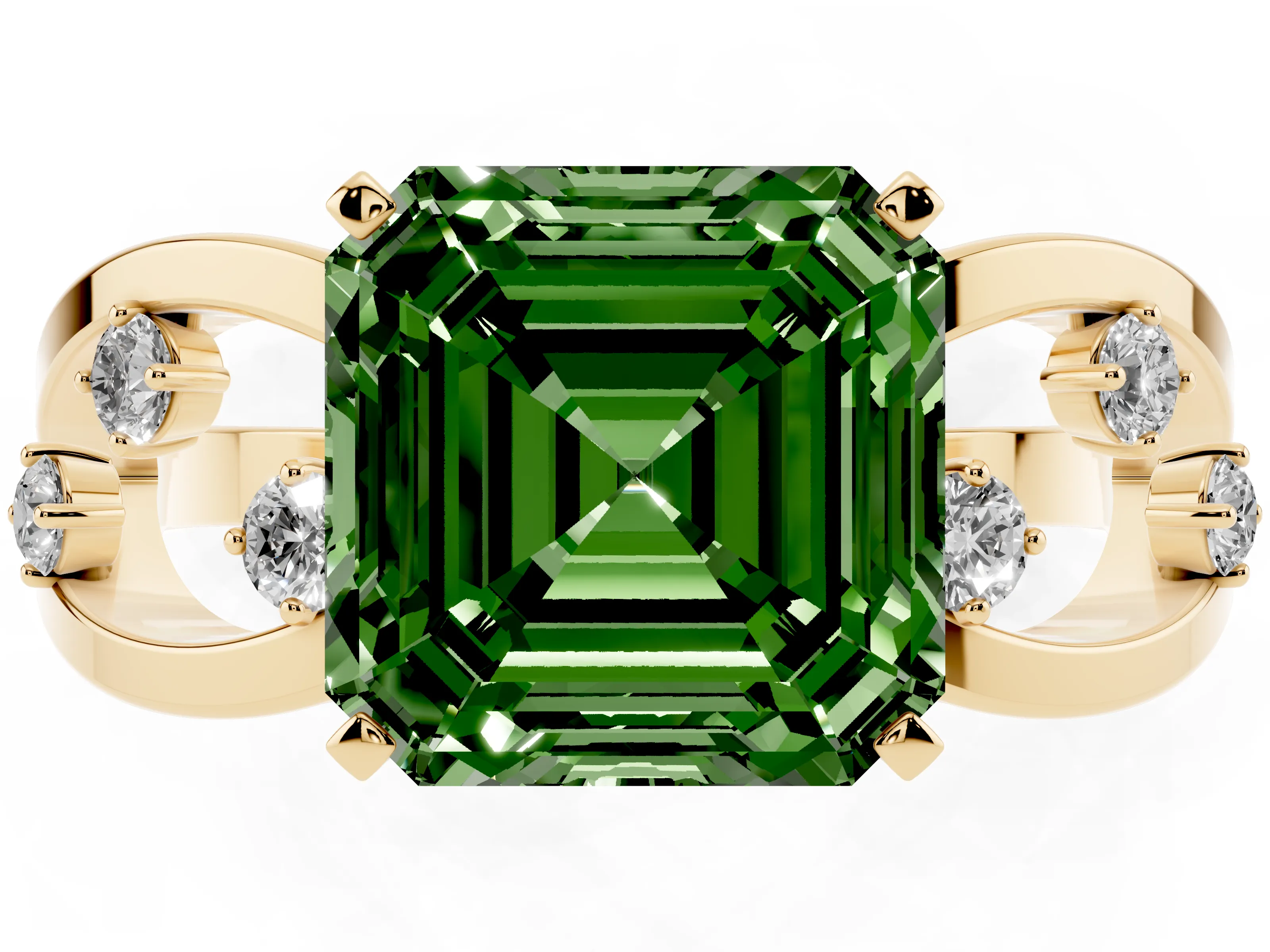 Fancy Green Asscher Cut Diamond Solitaire Ring Set in Yellow gold with Side Stones on Criss-Cross Band and Prong Setting
