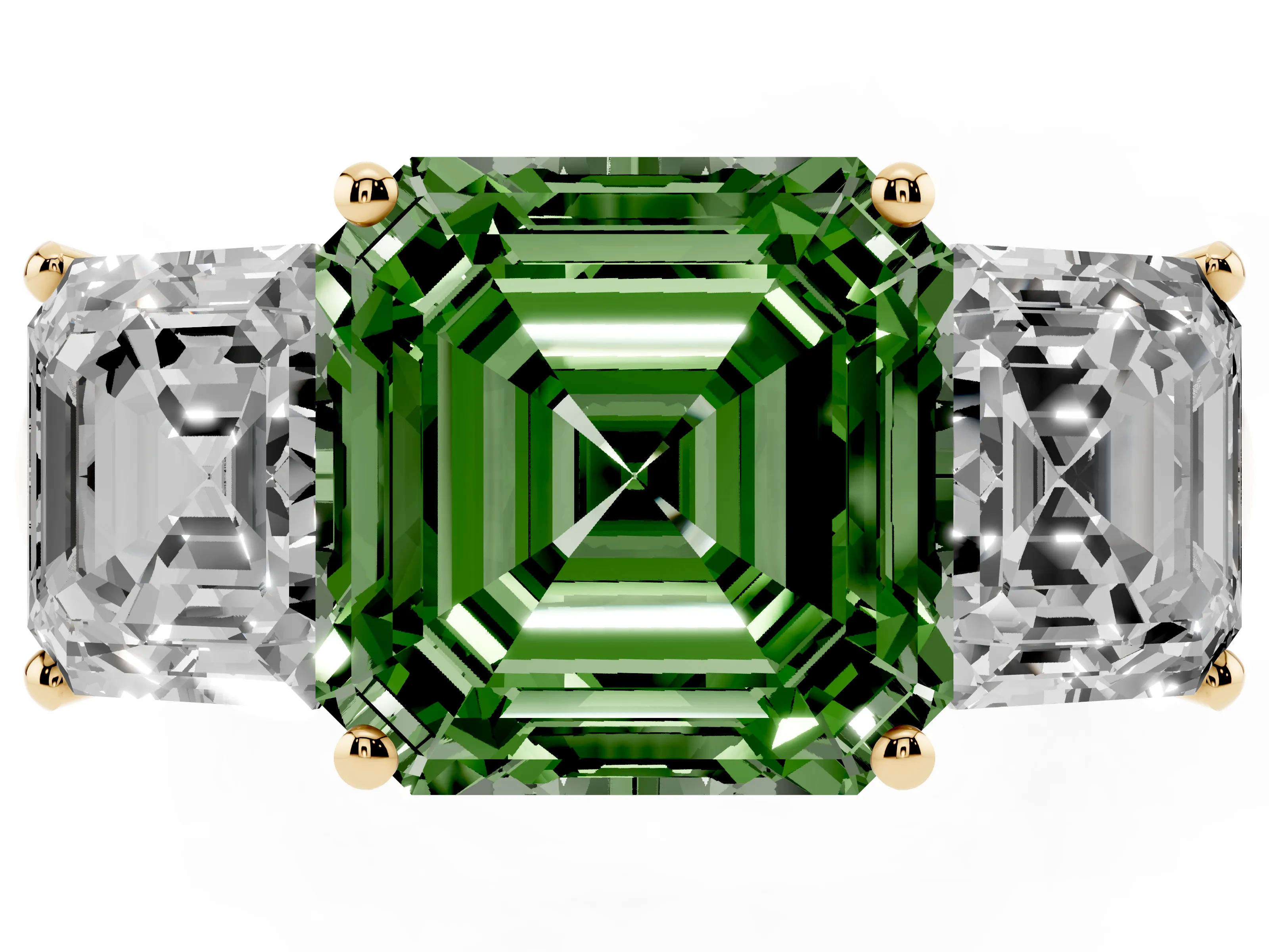 Fancy Green Asscher Cut Diamond Three-Stone Ring Set in Yellow gold with Classic Prong Setting and Plain Band