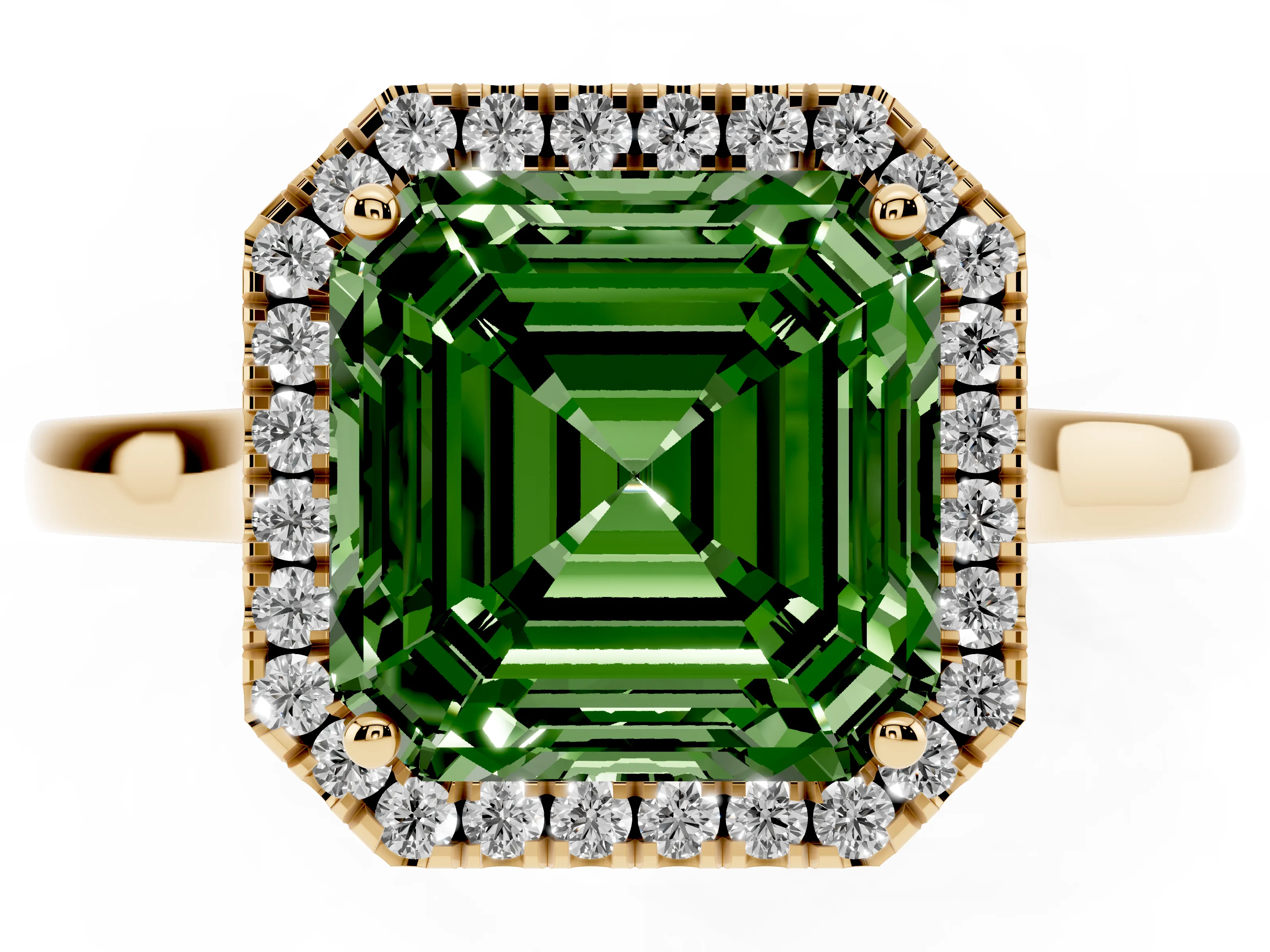 Fancy Green Asscher Cut Halo Round Diamond Solitaire Ring Set in Yellow gold with Pavé Band and Prong Setting