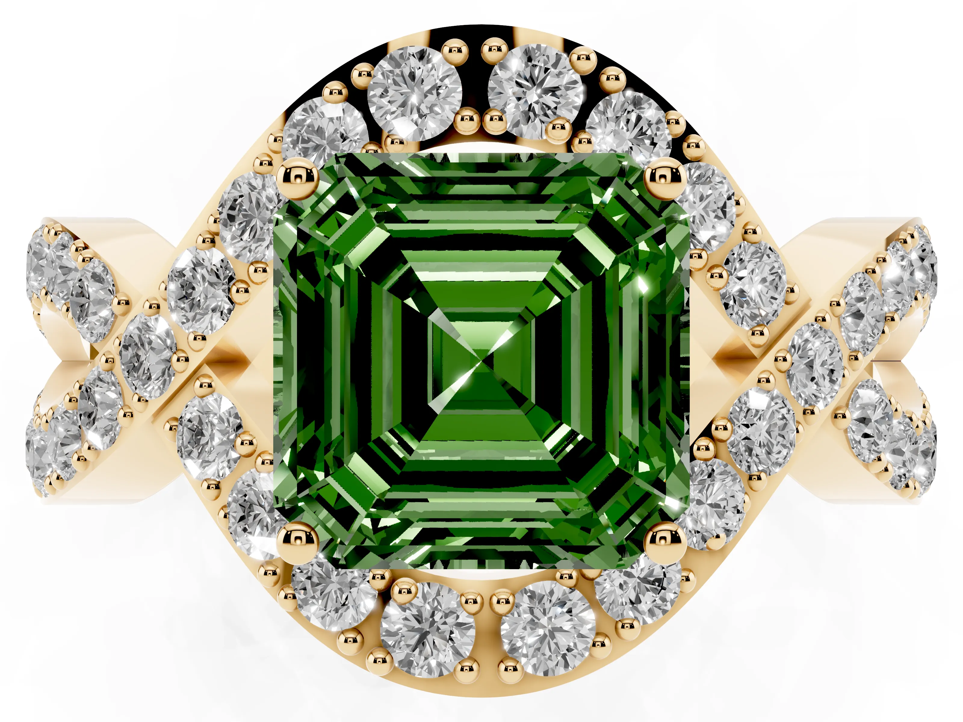 Fancy Green Asscher Cut Diamond Solitaire Twist Band Pavé Engagement Ring Set in Yellow gold