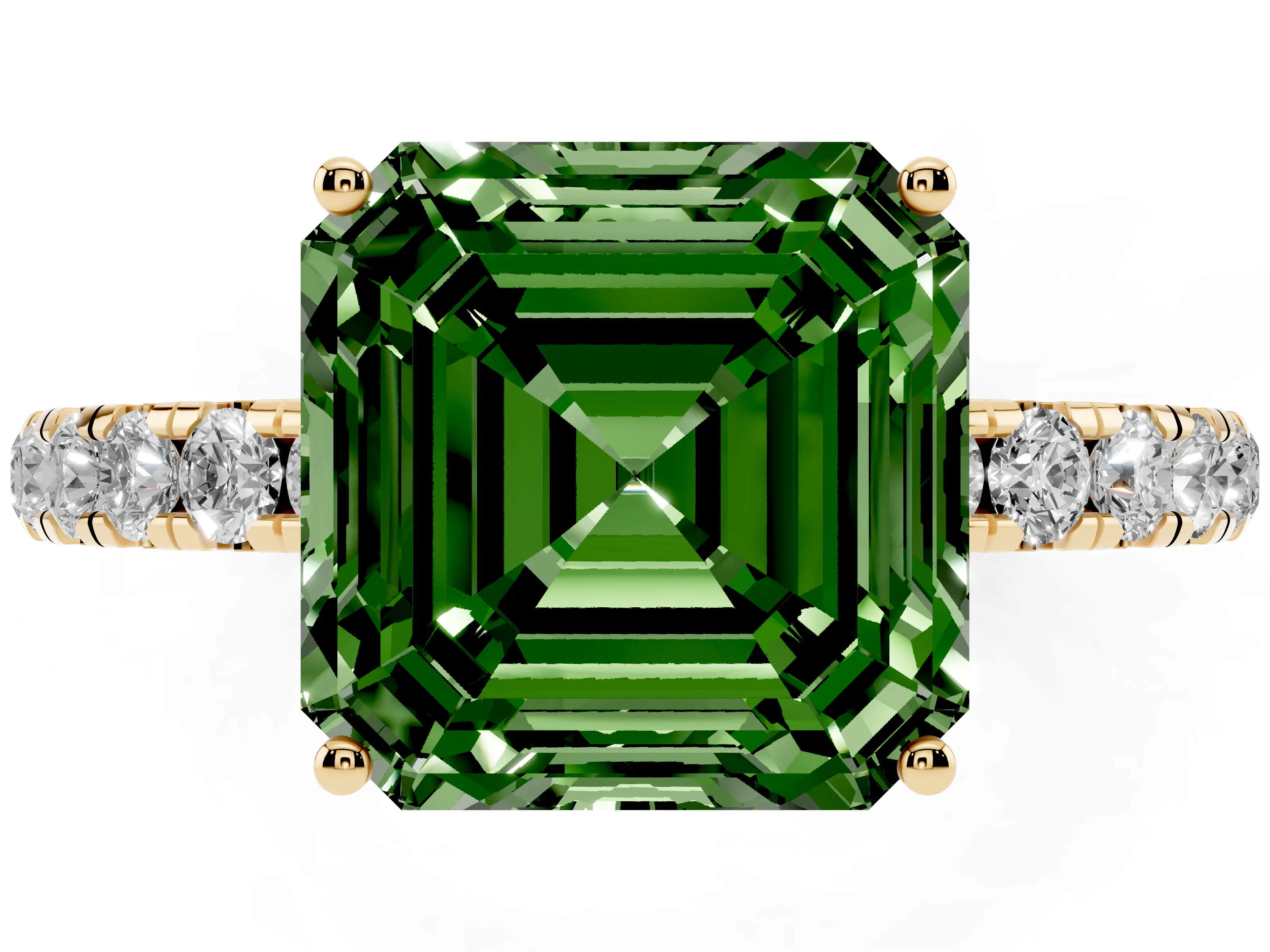 Fancy Green Asscher Cut Diamond Pavé Solitaire Engagement Ring Set in Yellow gold with Prong Setting